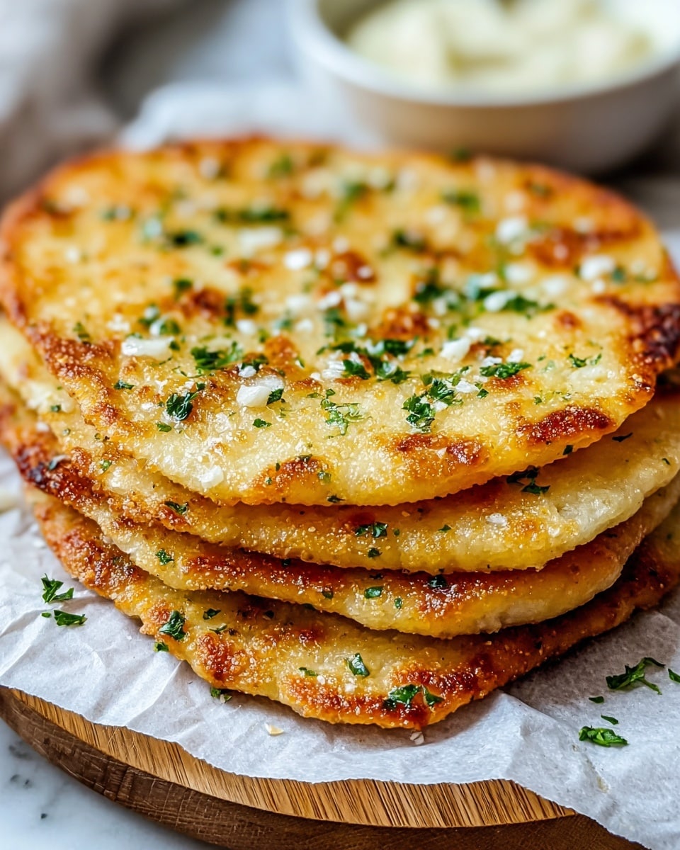 A stack of five golden brown garlic flatbreads lies on white parchment paper over a wooden board, each flatbread layer showing a crispy texture with spots of deeper brown and a slight glisten from oil or butter. Small bits of white garlic and green parsley flakes are scattered across all the layers, giving a fresh look. The edges are uneven and crunchy, adding a rustic charm. To the right, part of a white bowl with a creamy dip is visible on a white marbled surface. The photo is taken with an iphone --ar 4:5 --v 7