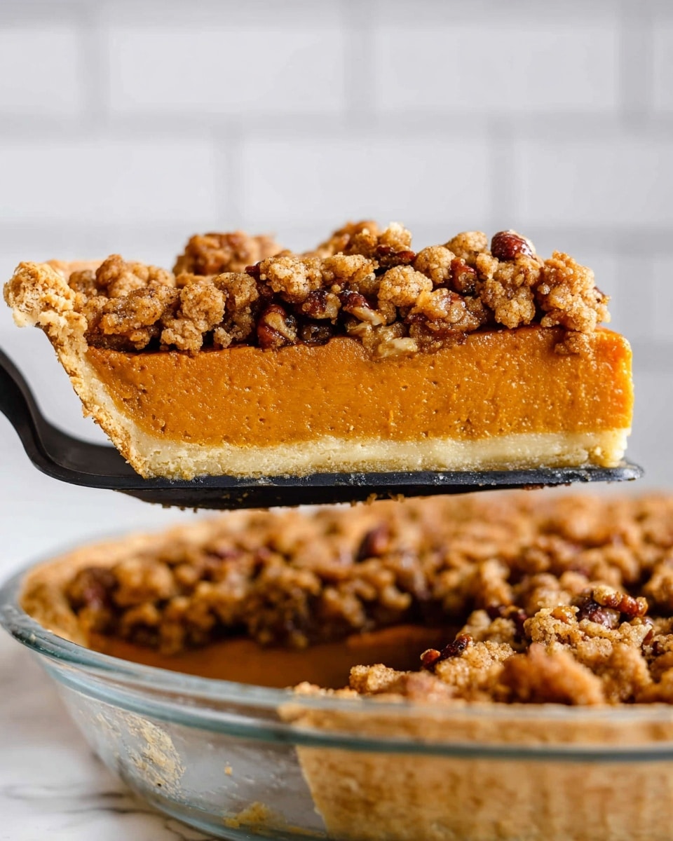 A round pie with a golden crust forms the base, filled with a smooth, deep orange layer of pumpkin filling. On top, there is a thick, crumbly streusel topping made of chunky clusters of light brown with visible pieces of pecans scattered throughout. The pie is sliced into even triangular pieces, some crumbs slightly scattered near the edge. The dish sits on a clear glass pie dish placed on a white marbled surface. photo taken with an iphone --ar 4:5 --v 7