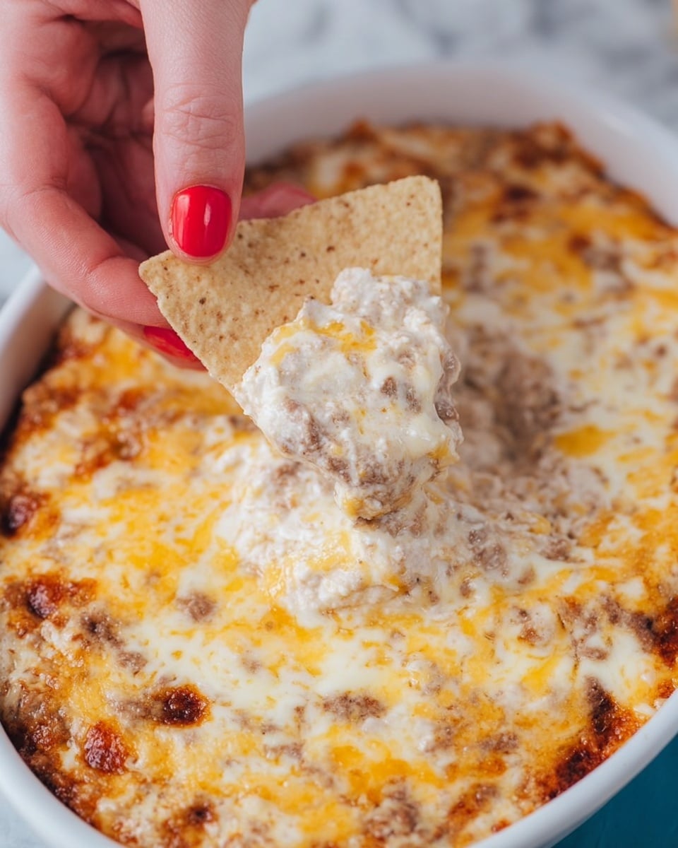A close-up view of a baked casserole in a white rectangular dish showing two visible layers. The bottom layer is thick and brown with a slightly grainy texture, likely a meat or bean mixture, forming an uneven yet firm base. On top, there is a melted cheese layer in the center, creamy white with golden brown spots, softly blending around the edges into the bottom layer. The cheese layer has a smooth, gooey appearance with small bubbles and light browning. The baking dish rests on a white marbled surface. photo taken with an iphone --ar 4:5 --v 7
