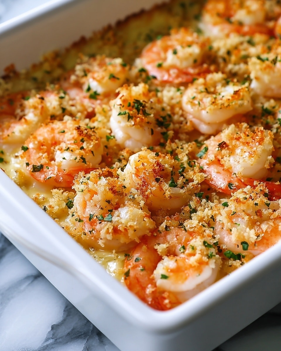 This image shows a close-up of a baked shrimp dish in a white rectangular baking dish. The dish has one layer of shrimp that is curled and pink with white flesh, placed on a creamy, cheesy base with a golden brown breadcrumb topping. Green herb pieces are scattered across the dish, adding contrast to the warm colors. The breadcrumbs have a crispy texture, lightly browned in spots, and the shrimp look juicy and tender, nestled evenly across the surface. The photo is set on a white marbled texture. photo taken with an iphone --ar 4:5 --v 7