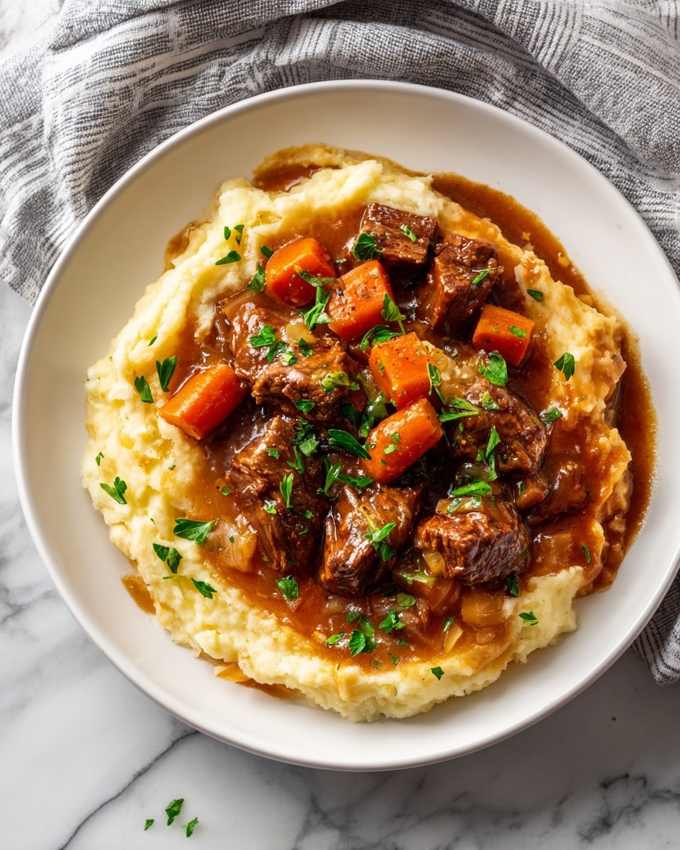 A white plate holds a dish with two main layers: the bottom layer is a thick, creamy, pale yellow mashed potato base with a slightly textured surface, while the top layer consists of chunky, brown braised beef pieces mixed with bright orange carrot slices and small bits of translucent onion, all covered in a glossy, rich brown gravy. Fresh green parsley sprinkles are scattered on top, adding a vibrant touch against the warm colors of the meat and vegetables. The plate sits on a white marbled surface with a gray and white striped cloth partially underneath. Photo taken with an iphone --ar 4:5 --v 7