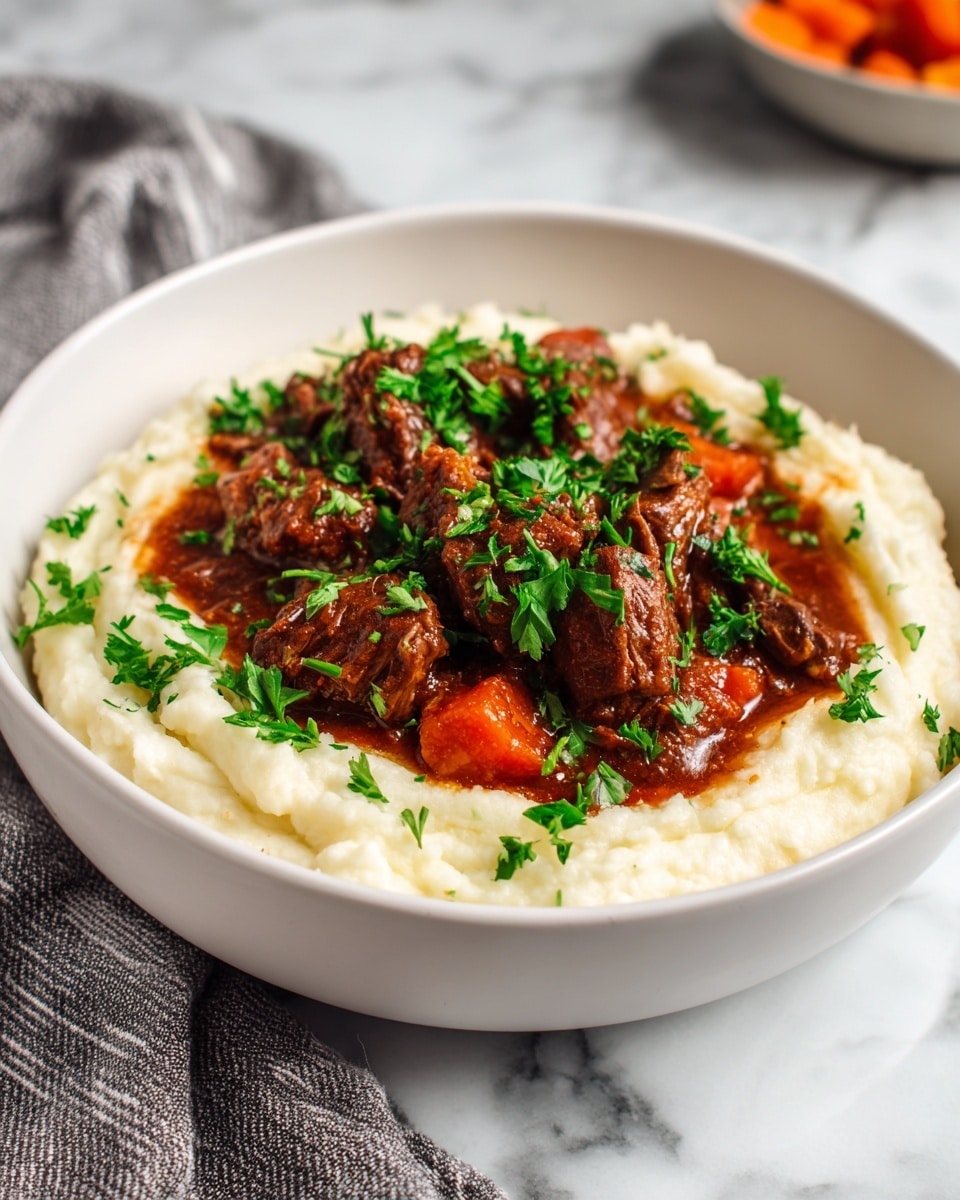 A white shallow bowl filled with a thick base layer of creamy mashed potatoes that have a smooth and slightly textured surface. On top, there is a rich brown beef stew with visible chunks of tender beef, orange carrot pieces, and a glossy sauce that coats the ingredients. Fresh chopped green parsley is sprinkled generously over the stew, adding a bright contrast to the brown and orange colors. The bowl is placed on a white marbled surface with a grey striped cloth partially visible on the left side, and a blurred background showing a bowl with orange pieces. Photo taken with an iphone --ar 4:5 --v 7