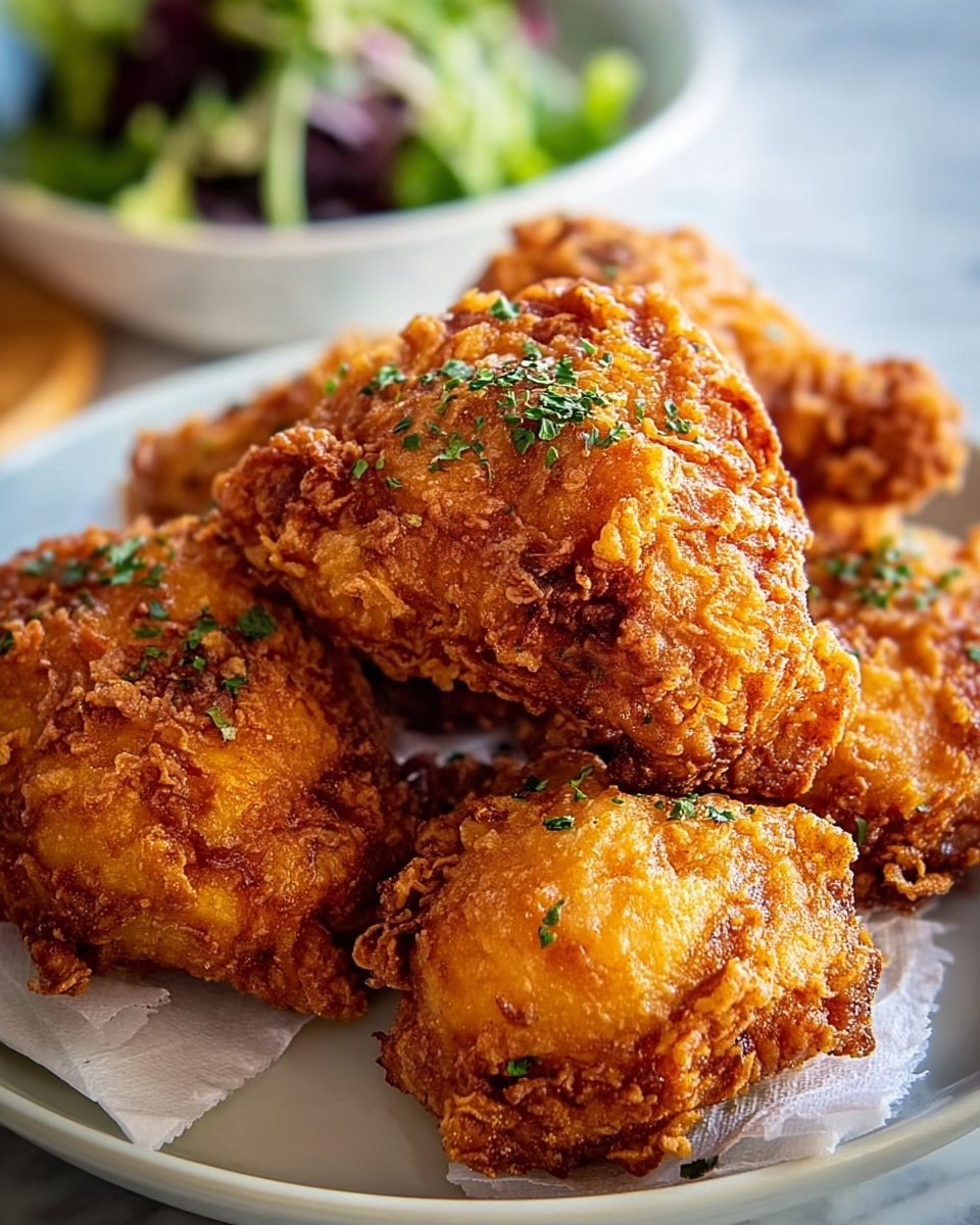 A close-up view of five pieces of crispy fried chicken piled together on a white plate lined with white paper. Each piece has a golden-brown, crunchy texture with rough, uneven crust and small green herb sprinkles on top. In the background, there is a soft-focus bowl of mixed green salad adding a subtle touch of color, all set on a white marbled texture surface. Photo taken with an iphone --ar 4:5 --v 7