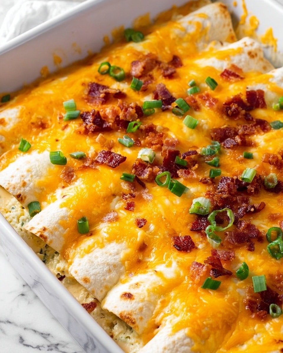 The image shows a white rectangular dish filled with rolled tortillas laid side by side in one layer, each rolled tortilla stuffed with a light creamy mixture visible where one is cut open. The top layer is fully covered with melted, bright yellow-orange cheddar cheese that has a smooth, gooey texture. Scattered over the cheese are small crisps of brown bacon bits and chopped fresh green onions for color contrast. The dish rests on a white marbled surface, and the photo captures a close-up view with a warm, inviting feel. photo taken with an iphone --ar 4:5 --v 7