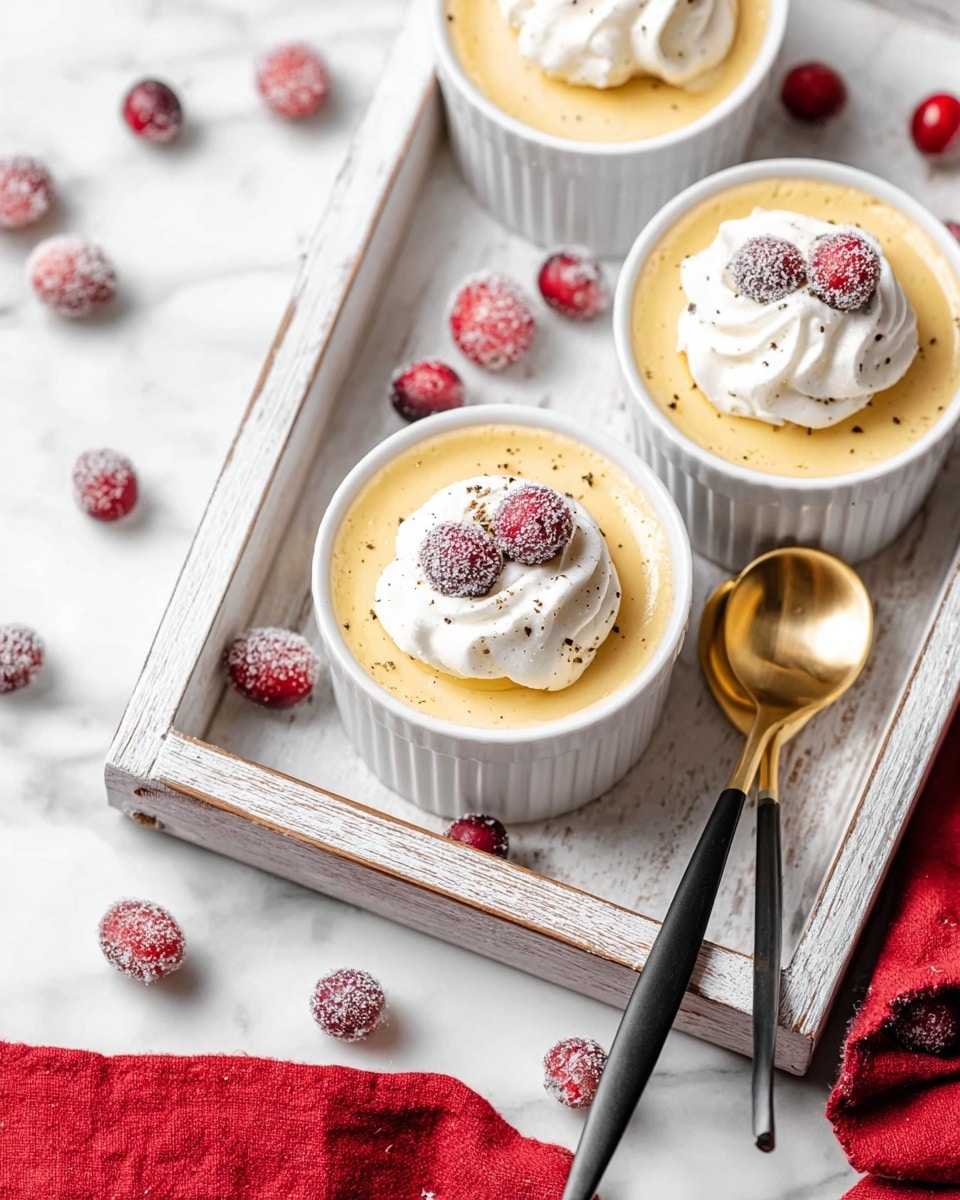 Three white ramekins each hold a smooth, creamy yellow pudding, topped with a small swirl of white whipped cream in the center. On the whipped cream, there are two frosted red berries sprinkled lightly with black specks resembling ground spices. The ramekins are inside a white wooden tray with a rustic look. Scattered around the tray and on the white marbled surface are more frosted red berries. Two small gold spoons rest inside the tray near the ramekins. To the side, a black handle of a utensil and a red cloth are partially visible. The photo has soft natural light and a clean, bright look. photo taken with an iphone --ar 4:5 --v 7