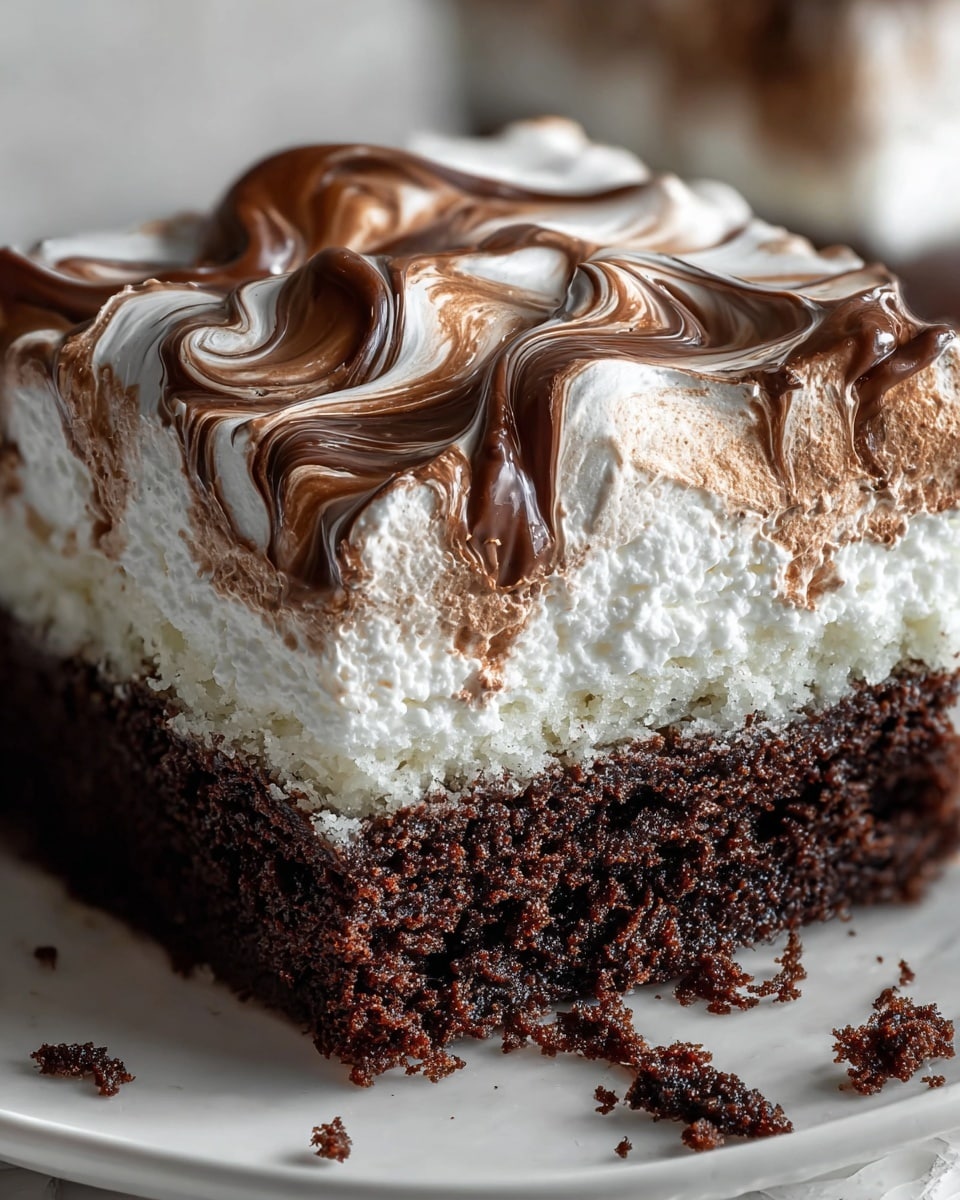The image shows a close-up of a three-layer dessert square on a white plate with a white marbled texture background. The bottom layer is a dark brown, moist, and crumbly chocolate cake, followed by a middle layer that is light and spongy, almost white in color. The top layer is a thick, fluffy white meringue with air pockets visible, swirled with glossy, smooth milk chocolate streaks that create a marbled effect. Some crumbs from the chocolate cake are scattered near the dessert. Photo taken with an iphone --ar 4:5 --v 7