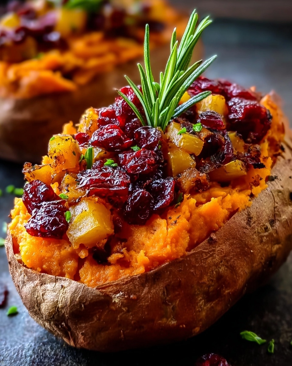 A roasted sweet potato is cut in half and filled with three visible layers: the bottom layer is smooth mashed orange sweet potato filling, the middle layer has diced roasted yellow-orange butternut squash mixed with small bits of translucent onion, and the top layer is made of dark red dried cranberries scattered over the squash. A small sprig of fresh green rosemary rests on top in the center, and tiny green herb pieces are sprinkled around. The stuffed sweet potato has a slightly rough brown skin and is placed on a dark surface with a blurred second half visible behind it. photo taken with an iphone --ar 4:5 --v 7