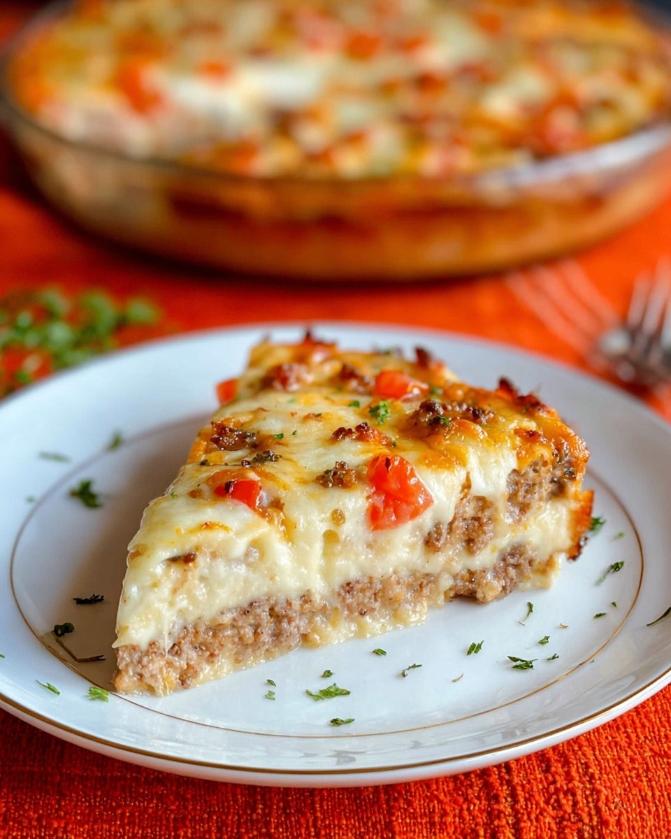 A close-up of a slice of cheesy meat pizza on a white plate with a thin gold rim. The pizza has three visible layers: the bottom layer is a crumbly, light brown meat mixture, the middle layer is creamy and slightly textured, and the top layer is melted, lightly browned cheese with small red tomato pieces and green herb bits scattered on it. The plate sits on a bright orange textured cloth, and in the background, a round glass dish with the whole pizza is slightly blurred. Small green herbs are sprinkled on the plate around the slice. photo taken with an iphone --ar 4:5 --v 7