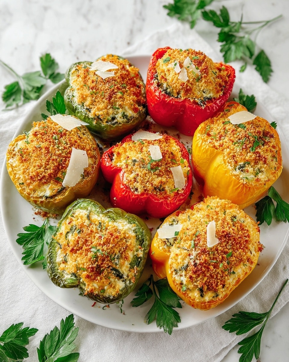 A white plate holds seven stuffed bell pepper halves in different colors: red, green, and yellow. Each pepper is filled with a creamy mixture, topped with a thick, golden-brown breadcrumb crust that looks crispy and slightly toasted. The filling shows hints of green herbs, and there are some thin white cheese shavings scattered on top. Fresh green parsley leaves are placed around the peppers, adding a touch of freshness and contrast. The plate rests on a white marbled texture, with some green leaves scattered around the scene. photo taken with an iphone --ar 4:5 --v 7