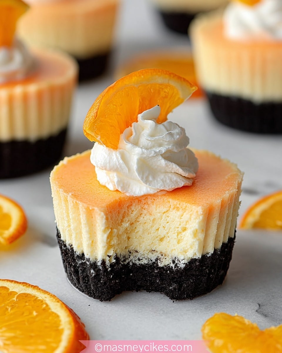 The image shows a mini dessert with three visible layers placed on a white marbled surface. The bottom layer is a dark black cookie crust that looks crunchy. Above it is a creamy layer that is light orange, smooth, and fluffy with some texture marks from the baking cup. The top layer includes a small dollop of white whipped cream, slightly soft, and a thin orange slice placed on the whipped cream. One mini dessert in the front has a bite taken out, showing the thickness and texture of the orange creamy layer and the cookie base. Extra small orange slices are scattered around the desserts in the blurred background. Photo taken with an iphone --ar 4:5 --v 7