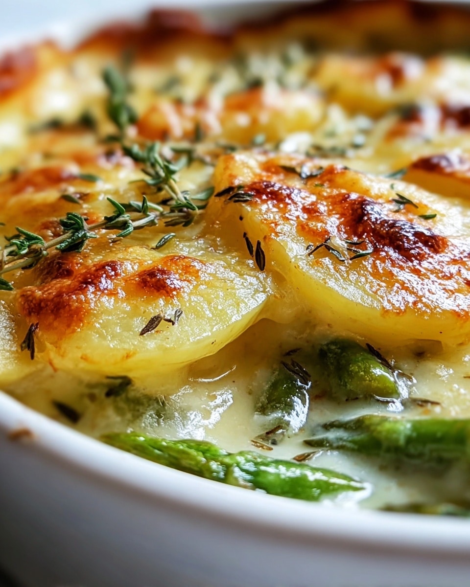 A close-up view of a creamy baked potato dish in a white bowl, showing golden-brown, melted cheese on top with hints of herbs like thyme scattered around. Under the cheese layer, there are thin, smooth slices of yellow potatoes that look tender and soft. Bright green asparagus pieces peek through the creamy sauce beneath the potatoes, adding color contrast and texture. The dish looks rich and comforting with a bubbly, slightly crispy top. The close focus and warm colors highlight the dish’s texture and freshness, on a white marbled surface. photo taken with an iphone --ar 4:5 --v 7