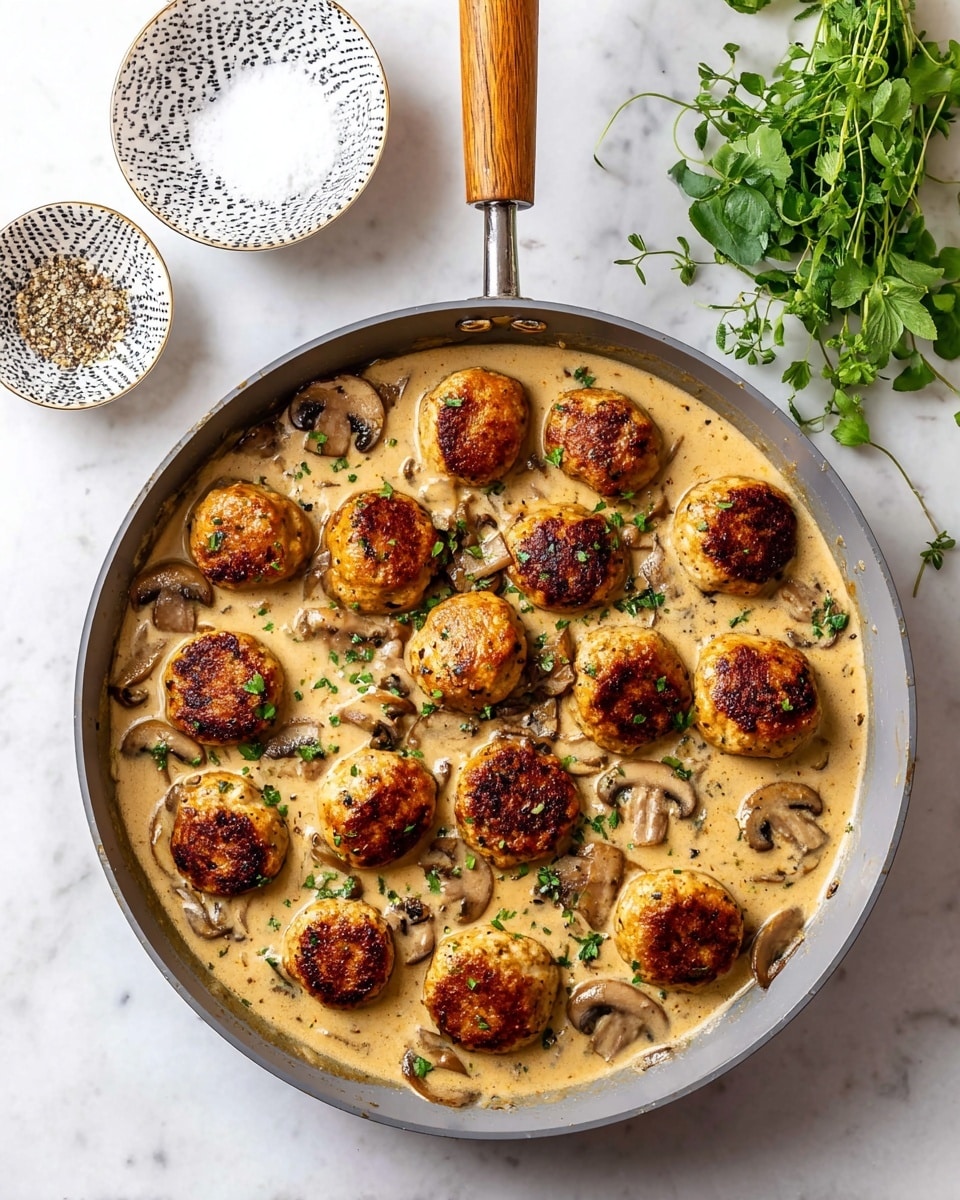 A frying pan with a wooden handle contains eleven golden-brown meatballs evenly spread on top of a thick, creamy mushroom sauce, light beige in color with visible pieces of sliced mushrooms and specks of green herbs mixed throughout. The meatballs have a slightly crisp, browned surface, creating a textured contrast with the smooth sauce beneath them. The pan sits on a white marbled surface, next to two small white bowls with black patterns, one filled with salt and the other with pepper, while fresh green herb sprigs rest nearby. Photo taken with an iphone --ar 4:5 --v 7