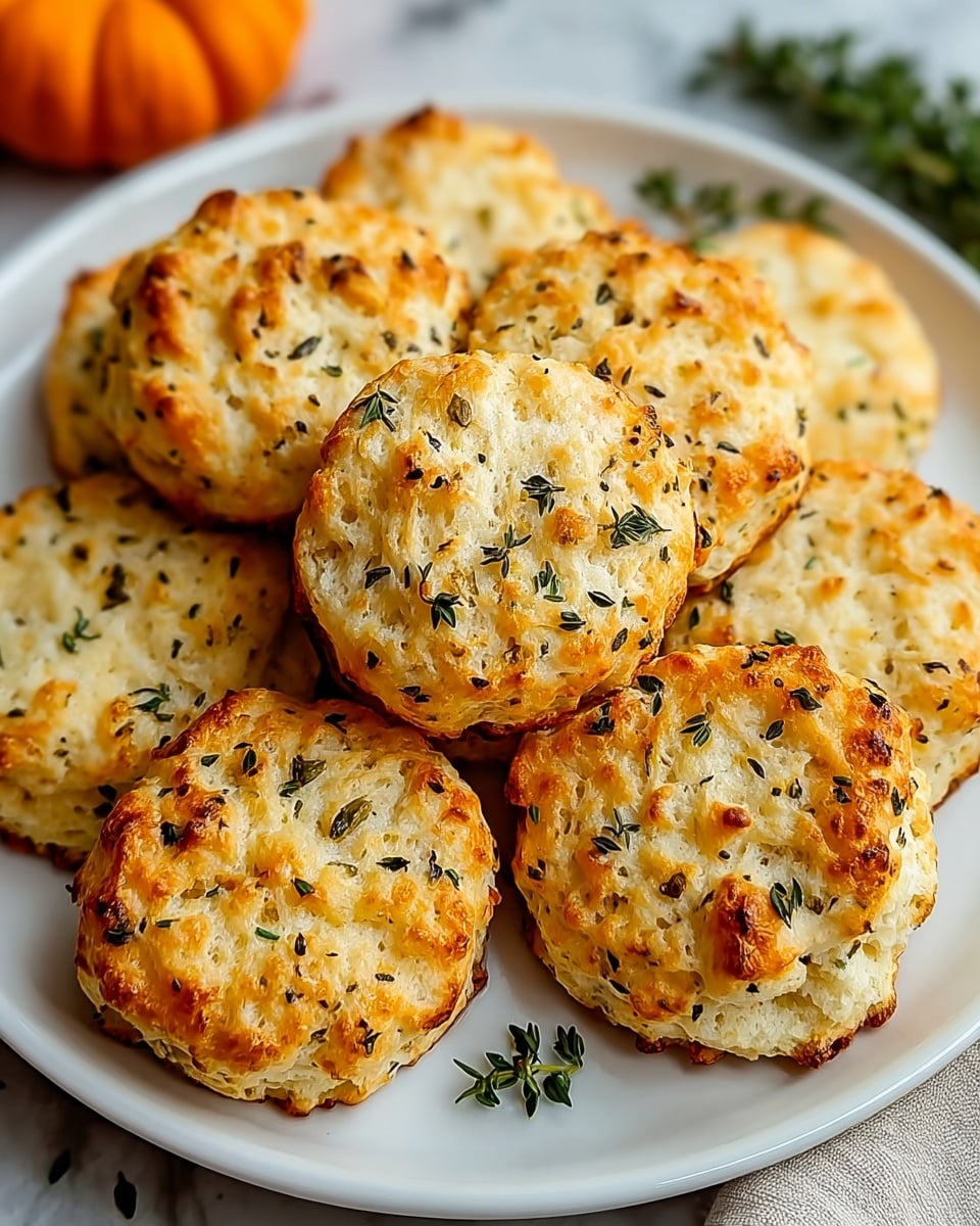 A white plate filled with one layer of round, golden-brown biscuits that have a slightly bumpy texture. Each biscuit shows bits of herbs like thyme that are scattered on top and baked into the surface, making small greenish and dark spots. The biscuits have a crispy, browned top with a soft creamy-white base visible on the sides and edges. The background is a white marbled texture with a small piece of an orange pumpkin and some green herb sprigs visible at the edges. photo taken with an iphone --ar 4:5 --v 7
