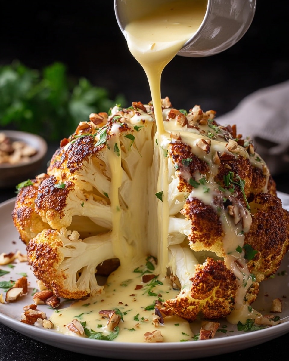 A whole roasted cauliflower sits in a white plate, browned and crispy on the outside with a slightly charred texture showing its roasted edges. Melted creamy yellow cheese sauce is being poured over the top, slowly flowing down the cauliflower’s layers and pooling onto the plate. Small bits of toasted nuts and chopped green herbs are sprinkled on top and around the base, adding color contrast. The background shows blurred dark tones with some green leaves hinting at garnish. The cauliflower is the main focus with the smooth, thick sauce creating a glossy, rich texture over its surface. photo taken with an iphone --ar 4:5 --v 7