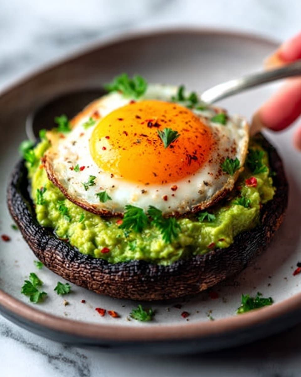 The image shows three stacked dishes on a white plate with a white marbled surface in the background. Each dish has three layers: the bottom layer is a large, brown portobello mushroom cap with a slightly rough texture; on top of that is a thick layer of dark green, sautéed spinach, which looks soft and slightly shiny; the top layer is a perfectly cooked sunny-side-up egg with a bright yellow yolk and white edges with light brown grill marks. The eggs are sprinkled with finely chopped green herbs, adding small bits of color. Photo taken with an iphone --ar 4:5 --v 7