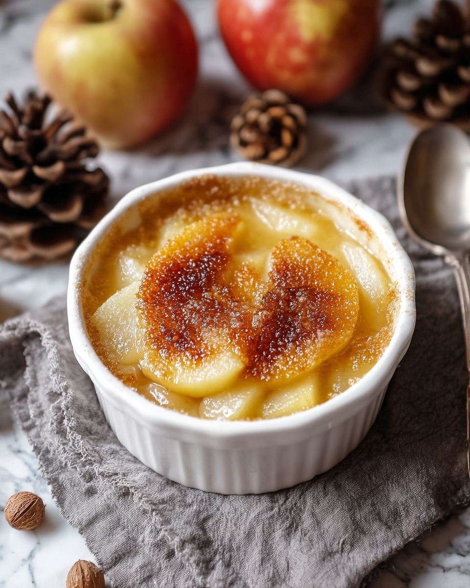 A small white ceramic ramekin filled with a baked apple dessert showing three layers: the bottom layer is a soft, translucent yellow cooked apple base, the middle layer consists of thin, light yellow apple slices, and the top layer is a golden-brown, crispy caramelized sugar crust with a slightly rough texture. The ramekin sits on a textured grey cloth on a white marbled surface, surrounded by whole apples and pine cones in the background, with a spoon placed nearby. Photo taken with an iphone --ar 4:5 --v 7
