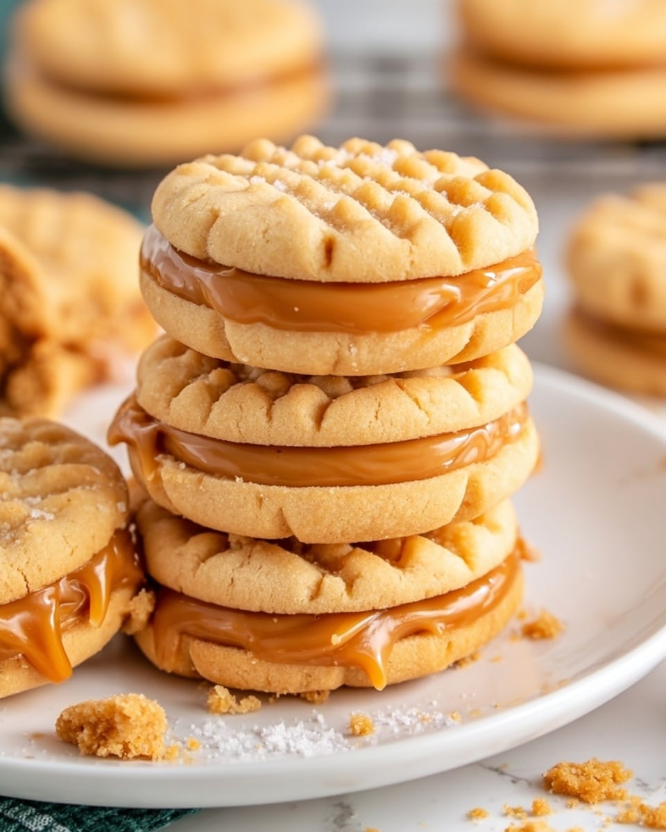 The image shows a stack of three sandwich cookies on a white plate placed on a white marbled surface. Each cookie has two light golden-brown, soft-looking layers with a crisscross fork pattern on top. Between the cookie layers is a thick layer of smooth caramel-colored filling that slightly oozes out at the edges. There are crumbs scattered around the plate, adding a casual, homemade touch. The background also includes other similar cookies, partly visible and slightly out of focus. Photo taken with an iphone --ar 4:5 --v 7
