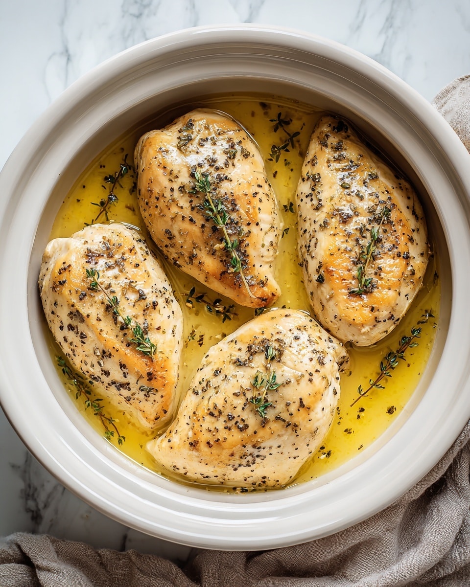 A white bowl holds four cooked chicken breasts, each browned lightly on top with black pepper sprinkled over them and a small sprig of fresh green thyme resting on each piece. The chicken is partly submerged in a golden yellow sauce with visible herbs floating in it. The bowl is placed on a white marbled textured surface, and a soft, light brown cloth is draped beside it. The scene is bright and clear, showing the juicy texture of the chicken and the smooth, slightly oily sauce around it. photo taken with an iphone --ar 4:5 --v 7
