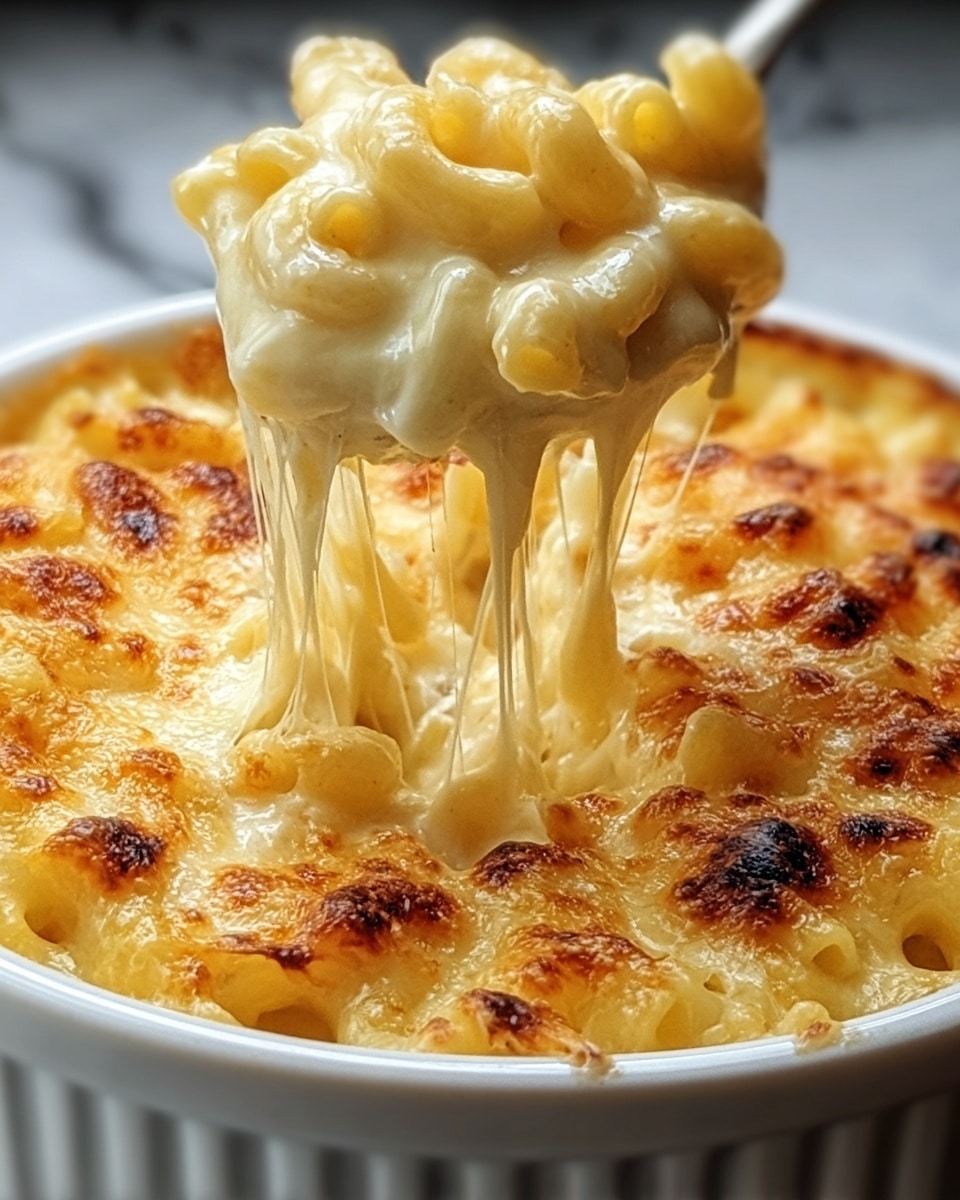 A close-up of a white round dish filled with baked macaroni and cheese showing one scoop being lifted, with creamy melted cheese stretching between the dish and the scoop. The dish has two main layers: a golden brown top layer of baked, slightly crispy cheese with some darker browned spots, and underneath, a soft, creamy layer of macaroni pasta covered in rich, smooth cheese sauce. The macaroni is tube-shaped and covered evenly in thick cheese, with a shiny, gooey texture. The background is a white marbled texture. photo taken with an iphone --ar 4:5 --v 7