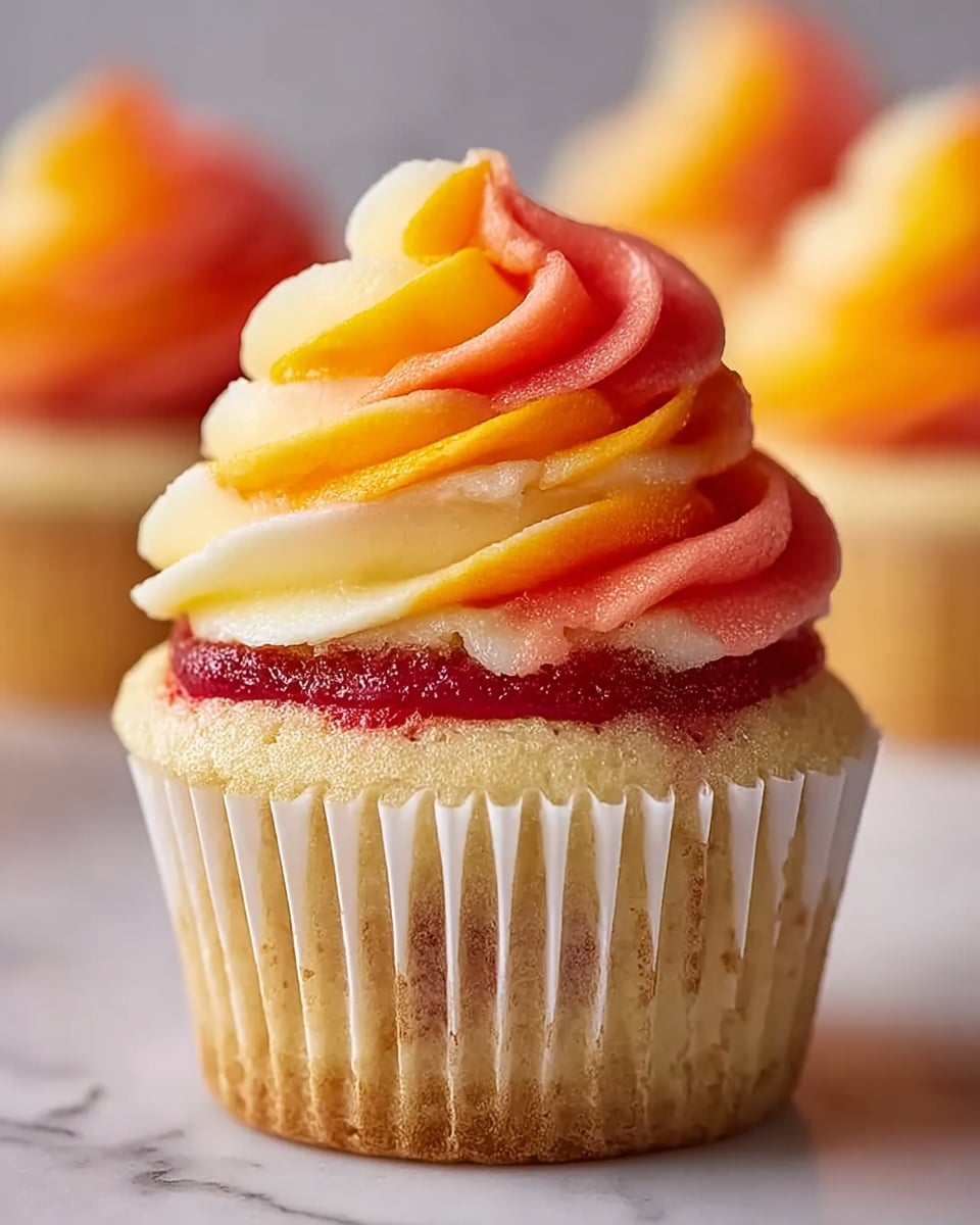 A close-up image of a single cupcake with a golden brown base in a white paper liner. The cupcake has a layer of red filling visible just above the liner. On top, there is a thick swirl of frosting in three colors: creamy pale yellow, bright orange, and rich red, all mixed in a smooth, wavy pattern that rises to a peak. The background is softly blurred, showing hints of other cupcakes, all placed on a white marbled surface. photo taken with an iphone --ar 4:5 --v 7