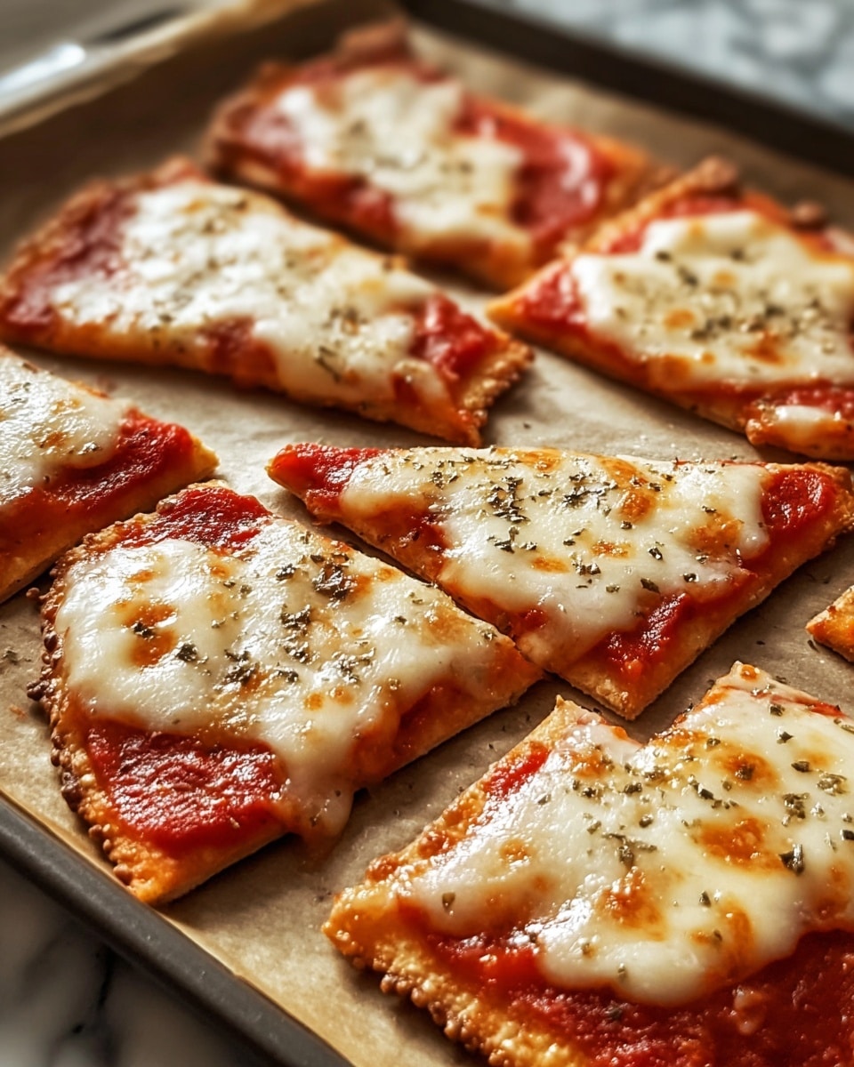 The image shows several small square and triangle shaped pizza pieces on a baking tray lined with parchment paper. Each piece has a thin, golden brown crust layer at the base, topped with a smooth layer of bright red tomato sauce. Above the sauce is an even layer of melted, creamy white cheese with a few small browned spots, giving a slightly bubbly texture. Light black dried herb flakes are sprinkled evenly across the cheese layer on each piece. The scene is brightly lit, showing the glossy, warm texture of the cheese and sauce, all placed on a white marbled texture surface. photo taken with an iphone --ar 4:5 --v 7
