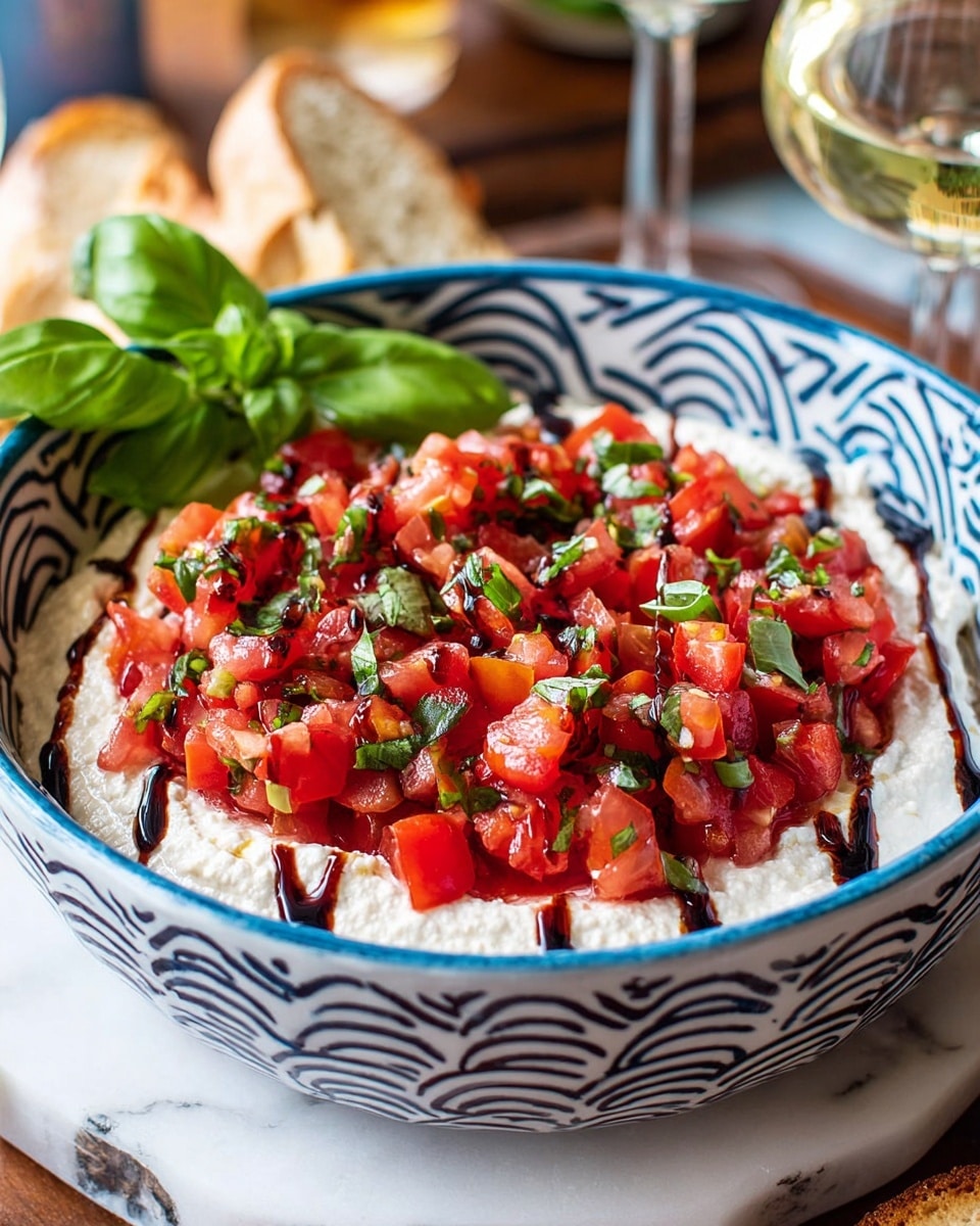 In this image, a white bowl with blue wave patterns holds a dish made of two layers. The bottom layer is a creamy, light beige spread that fills the bowl evenly. On top, there is a generous pile of small, bright red tomato cubes mixed with finely chopped green herbs and darker, almost black pieces, giving a fresh and colorful look. Three green basil leaves are placed on top as garnish, adding a touch of green contrast to the red tomatoes. Surrounding the bowl are small slices of toasted bread, and a glass of light-colored drink is seen to the side on a white marbled surface. Photo taken with an iphone --ar 4:5 --v 7