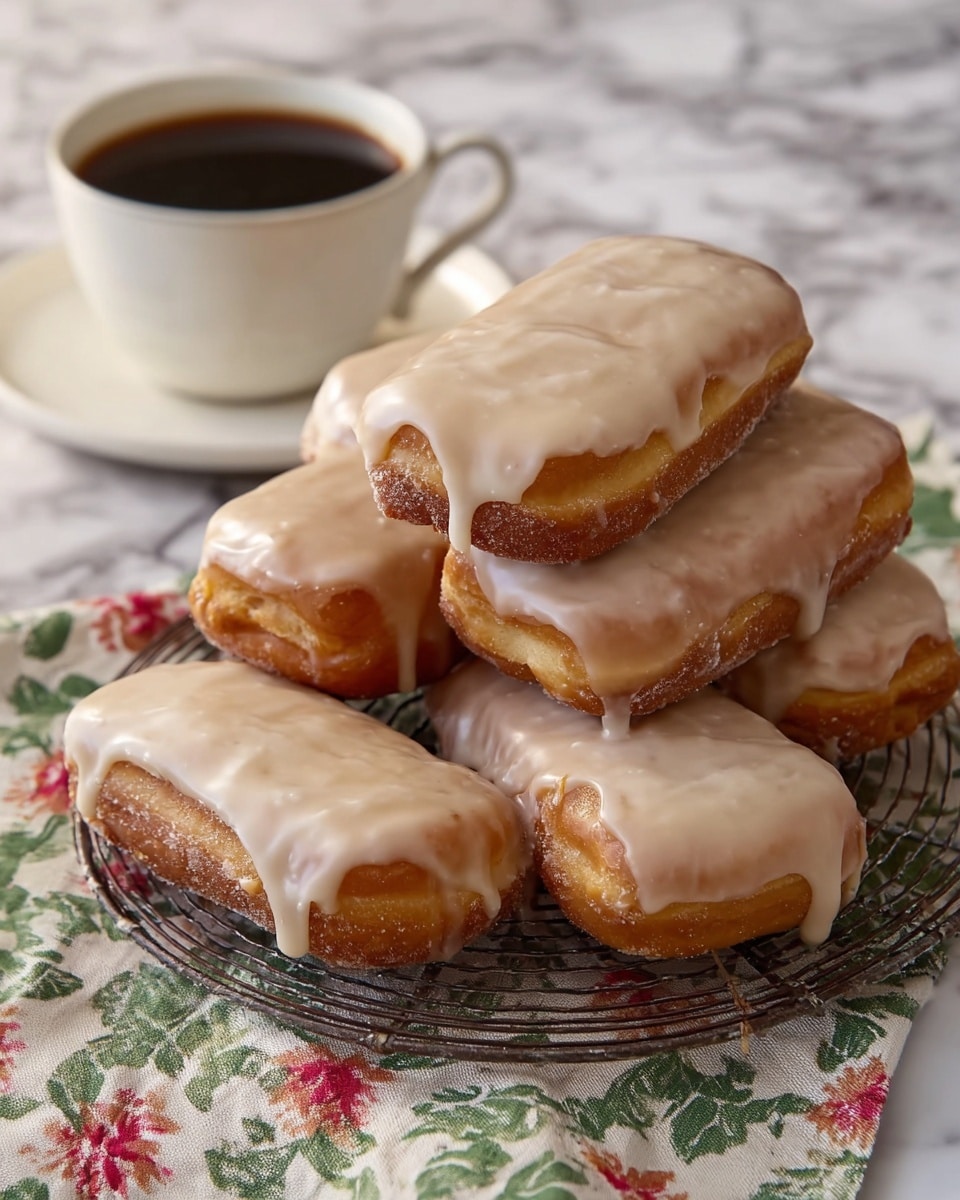 Five rectangular donuts with a light beige glaze dripping slightly down the sides are stacked on a round wire rack. The donuts have a golden brown fried texture underneath the smooth, shiny glaze. Under the rack, there is a floral cloth with green and red flower patterns, and the scene rests on a white marbled surface. In the top left corner, a white cup filled with dark black coffee sits on a matching white saucer. The lighting highlights the glaze's glossy texture and the soft shadows around the donuts. Photo taken with an iphone --ar 4:5 --v 7