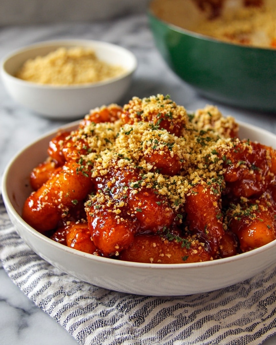 A white bowl filled with glossy, deep orange-red pieces of rice cake coated in a thick sauce, piled high and topped with a generous layer of crumbly golden-brown breadcrumbs mixed with green herbs. The bowl sits on a striped cloth on a white marbled surface, with a blurred white bowl of more breadcrumbs in the background and a large green bowl partially visible behind it. The overall texture is shiny and sticky for the rice cakes, contrasting with the dry, crumbly topping. Photo taken with an iphone --ar 4:5 --v 7
