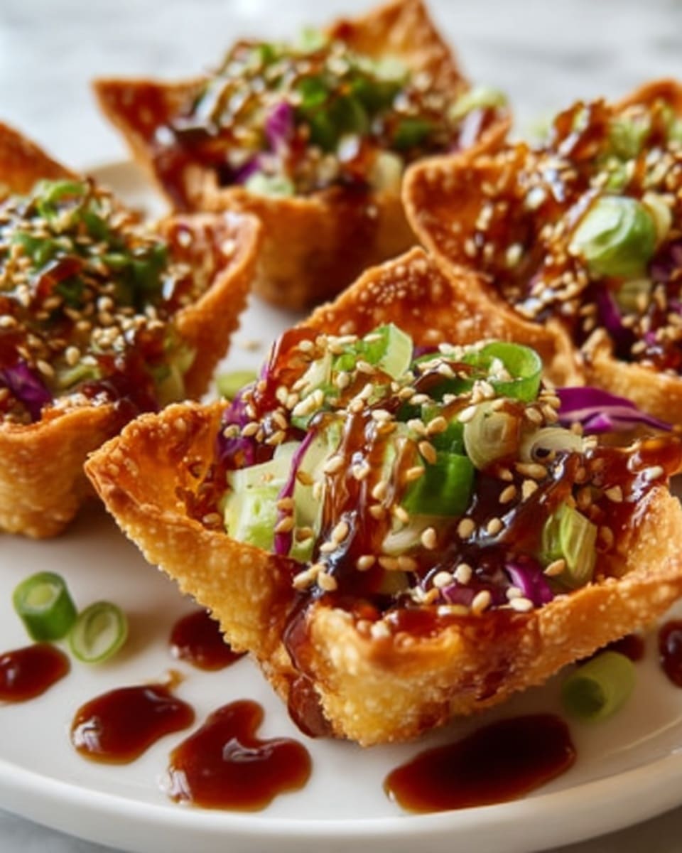 The image shows several crispy wonton cups filled with layers of vibrant ingredients. Each cup has a golden-brown crunchy shell shaped like a small bowl. Inside, there is a base layer of purple cabbage, topped with bright green chopped scallions, and drizzled generously with a dark brown glossy sauce. The top is sprinkled with light beige sesame seeds, adding texture and contrast. The cups sit closely together on a white plate, all placed on a white marbled surface. Photo taken with an iphone --ar 4:5 --v 7