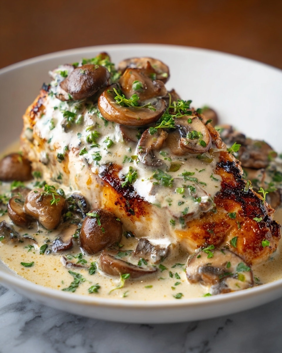 The dish shows a thick piece of grilled chicken breast as the base layer, with a crispy, golden-brown texture and slight char marks on top. Covering the chicken is a creamy white sauce mixed with cooked brown mushrooms scattered evenly, with some mushrooms sitting on top. Small green herbs are sprinkled all over the sauce and chicken, adding bright color contrast. The food sits in a shallow white plate with a few more mushrooms and sauce pooling around the edges. The background has a smooth white marbled texture. photo taken with an iphone --ar 4:5 --v 7