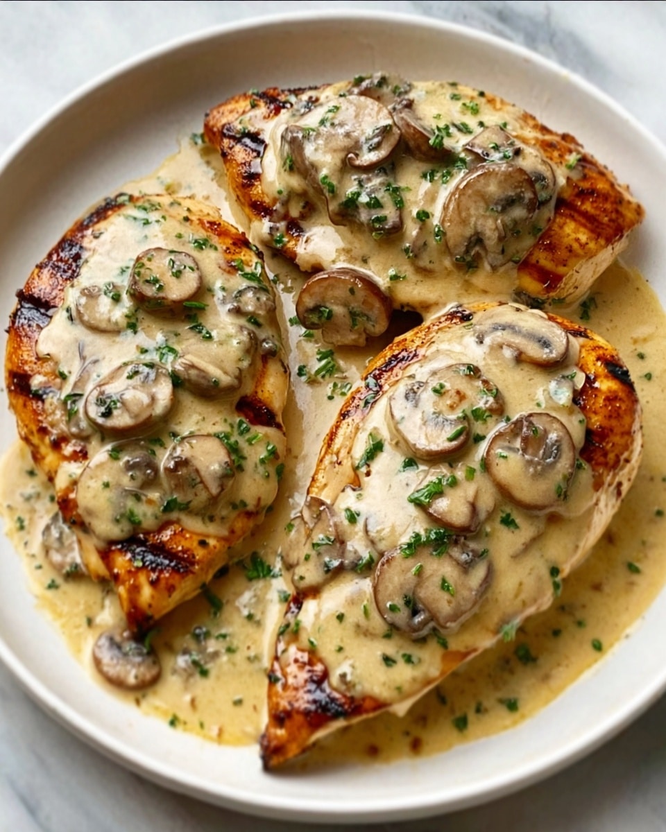 The image shows three grilled chicken breasts on a white plate, each covered with a thick layer of creamy mushroom sauce. The sauce is light beige with visible sliced mushrooms and chopped green herbs sprinkled on top. The chicken breasts are golden with charred grill marks, contrasting with the smooth, slightly glossy sauce that pools around the base of the chicken. The plate sits on a white marbled surface. photo taken with an iphone --ar 4:5 --v 7