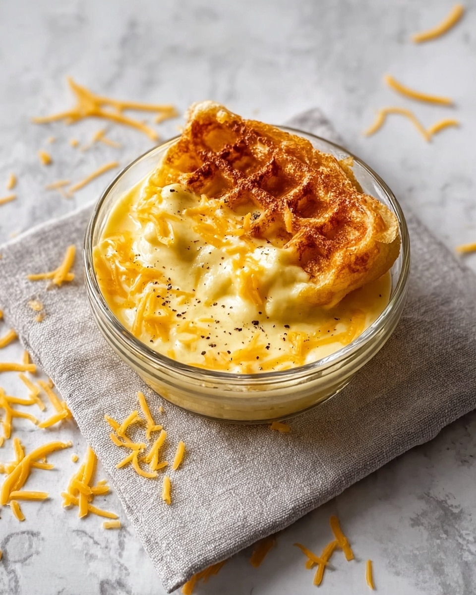 A small clear glass bowl sits on a light gray cloth on a white marbled surface, filled with a creamy, yellow cheese sauce mixed with shredded cheddar. On top rests a golden-brown, crispy waffle piece with a slightly uneven texture and a fluffy inside showing at one edge. The creamy sauce has specks of black pepper scattered on it, with some shredded cheddar around the bowl on the cloth and marbled surface. photo taken with an iphone --ar 4:5 --v 7