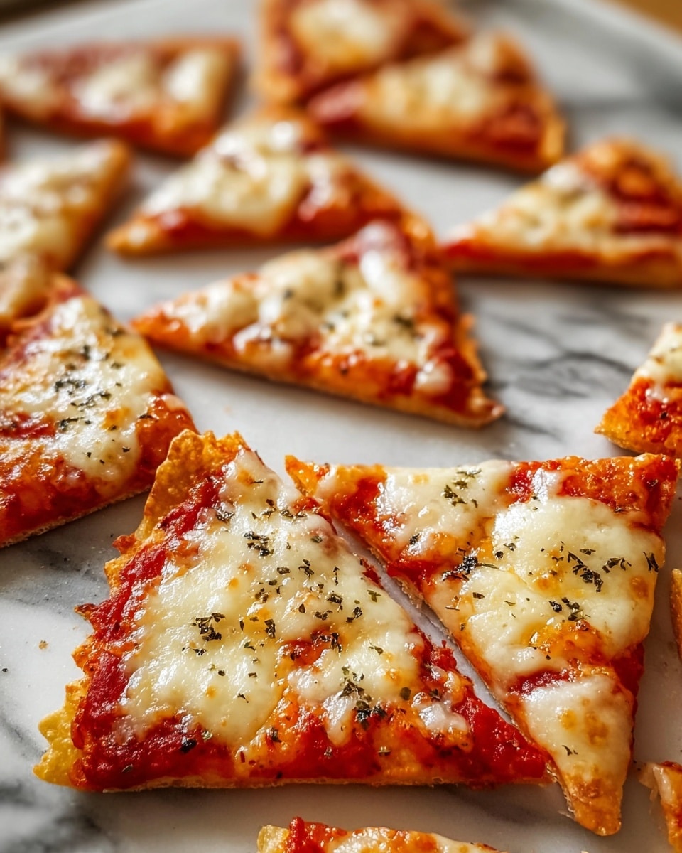 The image shows multiple small triangular pizza slices closely placed on a white marbled surface. Each slice has a thin, crispy, golden-brown crust with a bright red layer of tomato sauce spread evenly on top. Over the sauce, there is a melted, slightly bubbly layer of creamy white cheese sprinkled with small black dried herbs, adding texture and contrast. The slices are arranged in a casual overlapping pattern, with some slices facing different directions, creating a sense of abundance and a crispy, cheesy appeal. photo taken with an iphone --ar 4:5 --v 7