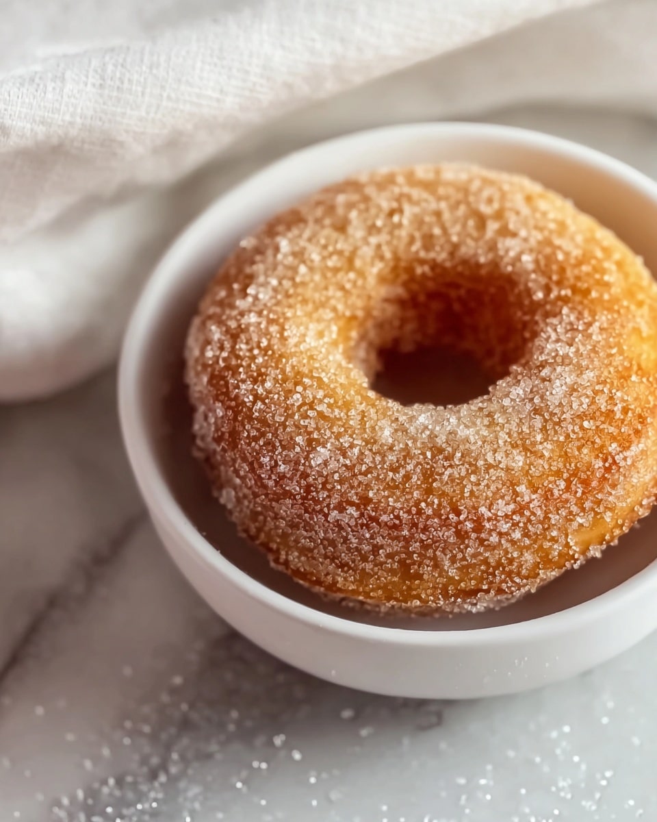 A close-up image of a single donut covered in coarse sugar crystals, showing a rough, grainy texture on its golden-brown surface, resting inside a simple white bowl. The bowl is placed on a white marbled texture, with some sugar crystals scattered around, adding sparkle and depth to the scene. The background is softly blurred with a white cloth, making the donut the clear focus of the image. photo taken with an iphone --ar 4:5 --v 7
