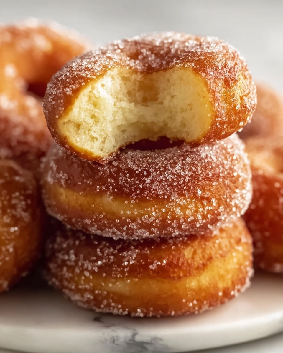The image shows a close-up of a small round donut with a golden brown outer layer covered in sparkling sugar crystals. One donut on top has a bite taken out of it, revealing a soft, airy, light yellow inside with a fluffy texture. The donuts are stacked on each other, with the focus on the bitten one in the center. The scene is set on a white plate with a white marbled surface in the background. photo taken with an iphone --ar 4:5 --v 7