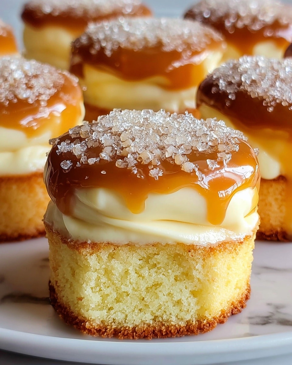 The image shows a close-up of a small cake with three layers. The bottom layer is a golden-yellow sponge cake with a light texture. Above this, there is a creamy, smooth pale yellow filling that looks soft and thick. The top layer is a shiny caramel glaze with a rich brown color, sprinkled with coarse sugar crystals that sparkle in the light. This cake is placed among other similar cakes on a white plate, all set on a white marbled surface. Photo taken with an iphone --ar 4:5 --v 7