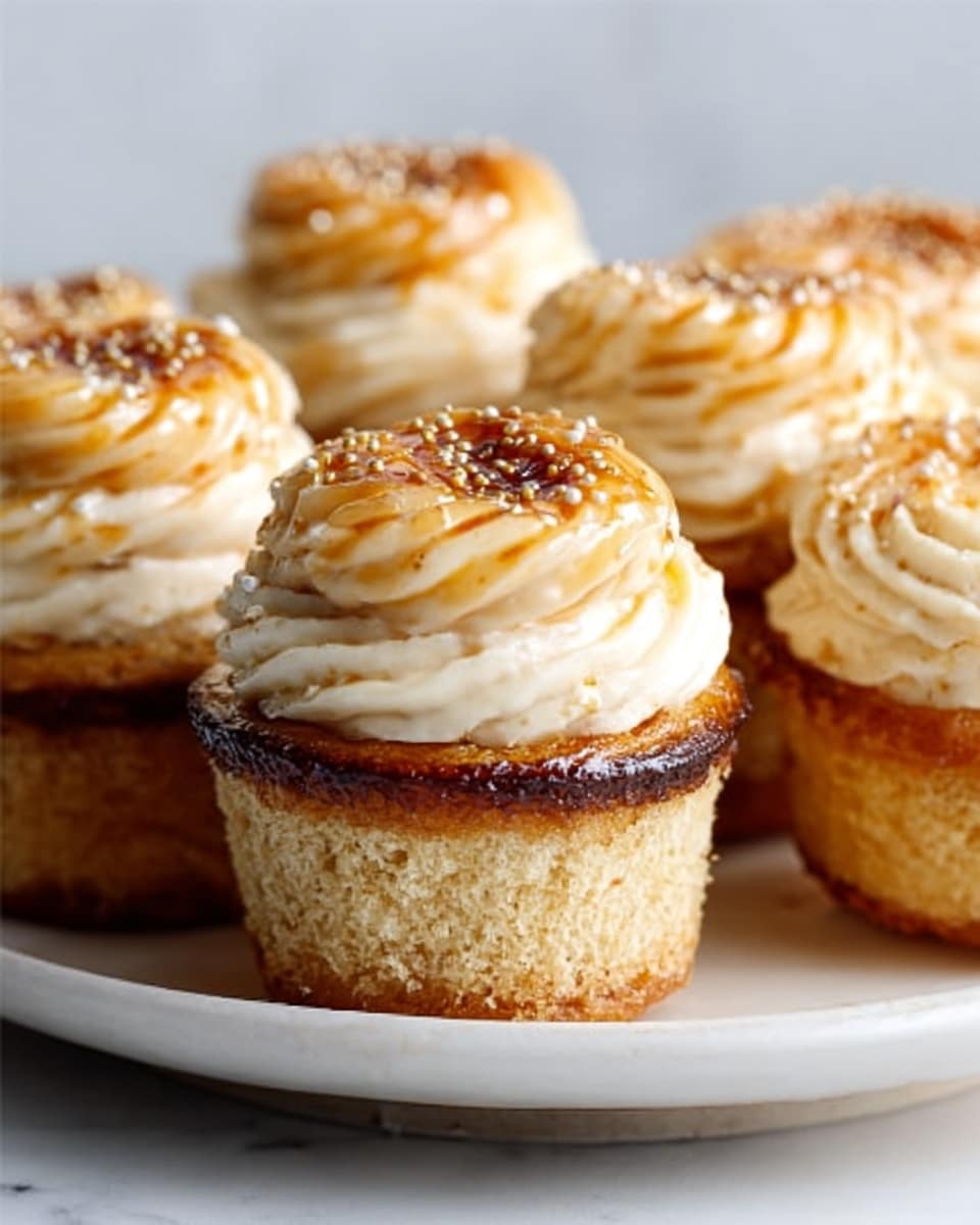 The image shows a white plate on a white marbled surface with several cupcakes arranged closely. Each cupcake has two layers: the bottom layer is a golden-brown moist cake with a soft texture, while the top layer is a thick, creamy, pale yellow frosting with swirled peaks. The frosting is lightly topped with a shiny caramelized sugar crust that has a slightly burnt, amber color, giving it a glossy texture. Small golden sprinkles are scattered on the caramelized top, adding a bit of texture and shine. The cupcakes are illuminated softly, highlighting the creamy frosting and caramel top. Photo taken with an iphone --ar 4:5 --v 7