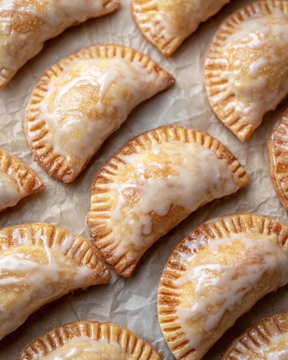 Several small, half-moon shaped pastries are spread out evenly on a sheet of brown parchment paper. Each pastry has a golden-brown crust with a slightly crispy texture, and they are covered with a thin, glossy layer of white icing glaze that smoothly drips down the sides. The edges of the pastries are crimped with fork marks creating a patterned border. The pastries rest closely together, showing variations in the browning and glaze thickness, set against a white marbled textured background. photo taken with an iphone --ar 4:5 --v 7