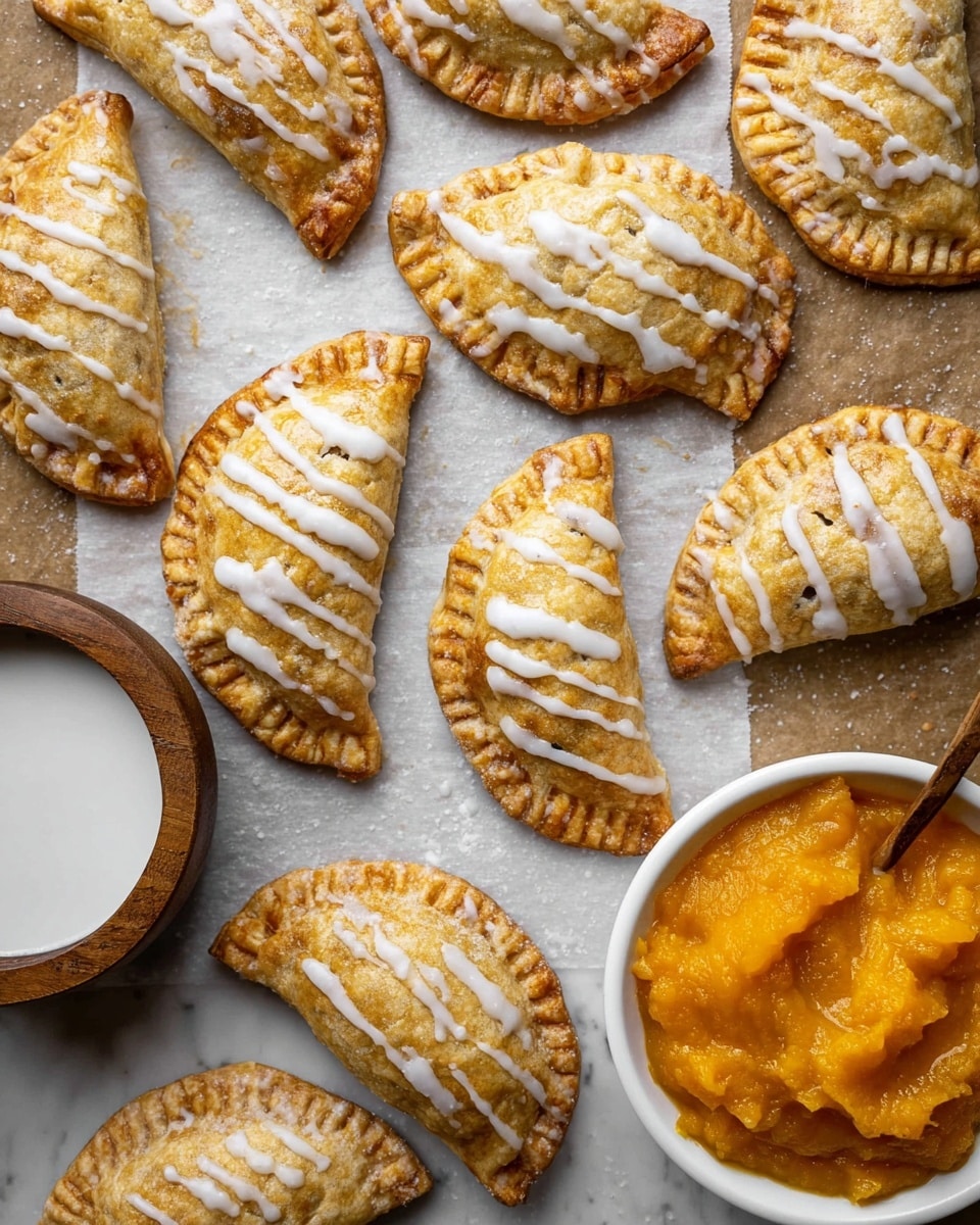Multiple golden-brown half-circle pastries are arranged on parchment paper above a white marbled surface. Each pastry has a lightly crimped edge and is generously drizzled with white icing in uneven lines across the top. On the right side, a white bowl holds thick orange filling, textured and rough. Nearby, a small wooden bowl contains a white liquid, smooth and slightly reflective. The scene is lit warmly, showing the flaky texture and slight browning of the pastries. photo taken with an iphone --ar 4:5 --v 7