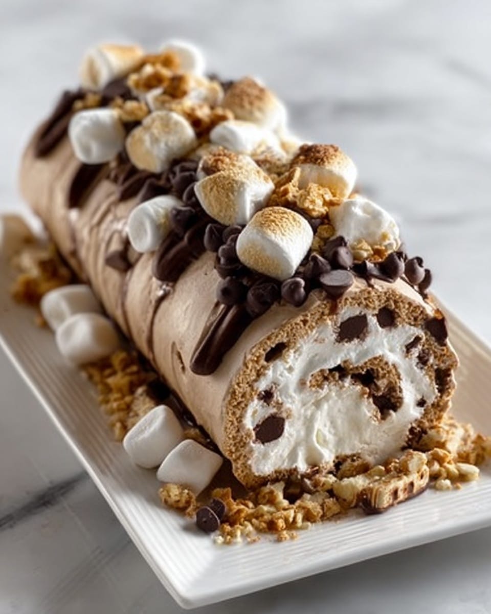The image shows a rolled dessert on a long white plate placed on a white marbled surface. The dessert has multiple layers: a light brown outer layer with a smooth, creamy texture, followed by a thick layer of darker chocolate drizzle that zigzags across the top. Inside, there is a creamy beige filling filled with small white marshmallows and darker chocolate chips. On top, there are three white marshmallows and small golden cookie crumbs scattered around the plate and the dessert, adding texture and contrast. photo taken with an iphone --ar 4:5 --v 7