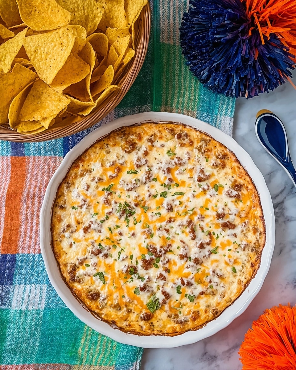 A white plate holds a single-layer dip that covers the entire base, topped with a mix of melted white and orange cheeses, with small brown bits mixed in, sprinkled evenly with green herbs for garnish. Next to it, a white bowl is filled with yellow, crispy, curved corn chips. Behind and beside the dishes, a colorful cloth with orange, blue, and black twisted ribbons is spread out, placed on a white marbled surface. photo taken with an iphone --ar 4:5 --v 7
