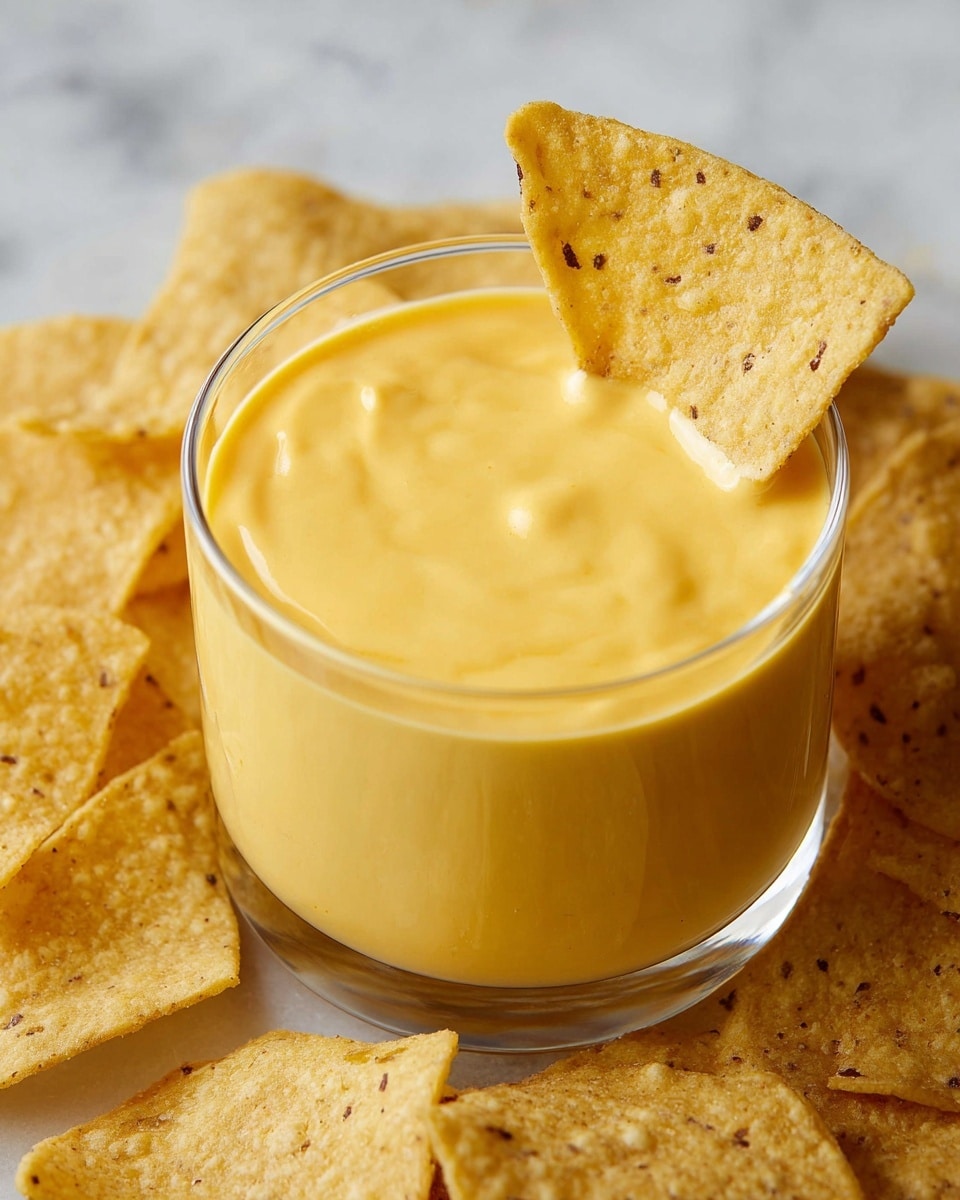 A clear glass filled with creamy, smooth, light orange cheese dip, almost to the top, with a single lightly textured yellow tortilla chip partially dipped and standing upright in the dip. Surrounding the glass are more tortilla chips with a rough surface and small brown spots, all placed on a white marbled texture. The focus is on the glass and the chip dipped into it, showing a rich and inviting snack. photo taken with an iphone --ar 4:5 --v 7