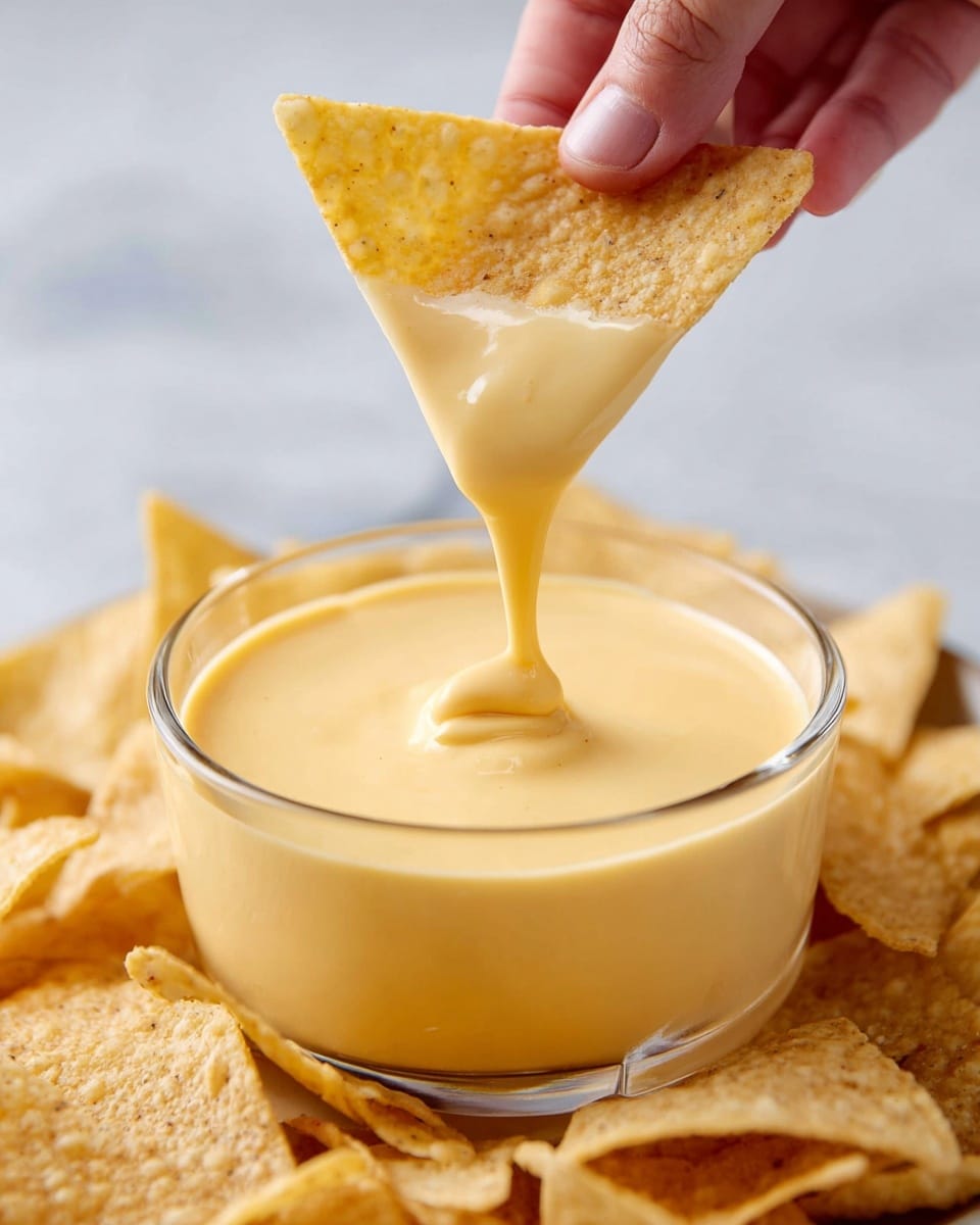 A close-up image shows a clear glass bowl filled with smooth, creamy, yellow cheese sauce. A white tortilla chip, held by a woman's hand, is dipped into the cheese sauce, coating the chip with a thick layer of the sauce that drips back into the bowl. Around the bowl are more white tortilla chips, creating a textured, crunchy contrast to the creamy cheese. The whole scene is set on a white marbled surface, enhancing the bright yellow color of the cheese sauce. photo taken with an iphone --ar 4:5 --v 7