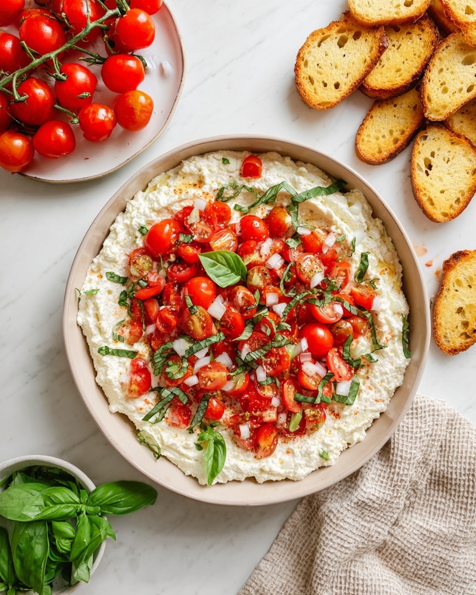 A white bowl filled with two main layers: the bottom layer is creamy, white ricotta cheese spread evenly with some texture on the edges, and on top sits a colorful mix of bright red, chopped cherry tomatoes combined with dark green basil leaves and small pieces of white onions. The dish is surrounded by toasted golden brown bread slices on a white marbled surface. To the top left, a white plate holds a cluster of fresh, shiny red cherry tomatoes on a green vine. A small bowl with light green basil leaves is partially visible at the bottom left, and a beige woven cloth is placed on the bottom right. Photo taken with an iphone --ar 4:5 --v 7