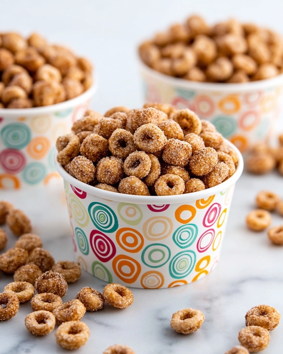 The image shows three white paper cups with colorful circle designs filled with cinnamon-coated cereal rings. Each cup is full, with the cereal spilling slightly over the top edge, showing warm brown and golden tones coated with a fine layer of sugar and cinnamon. The cups are placed on a white marbled surface with a few loose cereal rings scattered around. The focus is on the front cup, giving a close-up view of the textured, crunchy cereal pieces. photo taken with an iphone --ar 4:5 --v 7