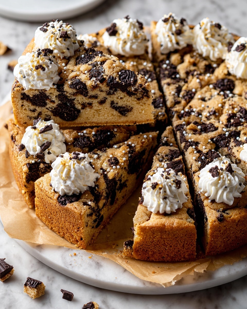 The image shows a single-layer pie with a golden brown crust that looks chewy and soft. The top is filled with scattered dark chocolate cookie pieces embedded in the pie, creating a chunky, uneven surface. Around the edge of the pie, there is a thick ring of white whipped cream piped in shell-like shapes, decorated with tiny white round sprinkles. The pie is placed on parchment paper on top of a wooden board, all set on a white marbled surface. photo taken with an iphone --ar 4:5 --v 7