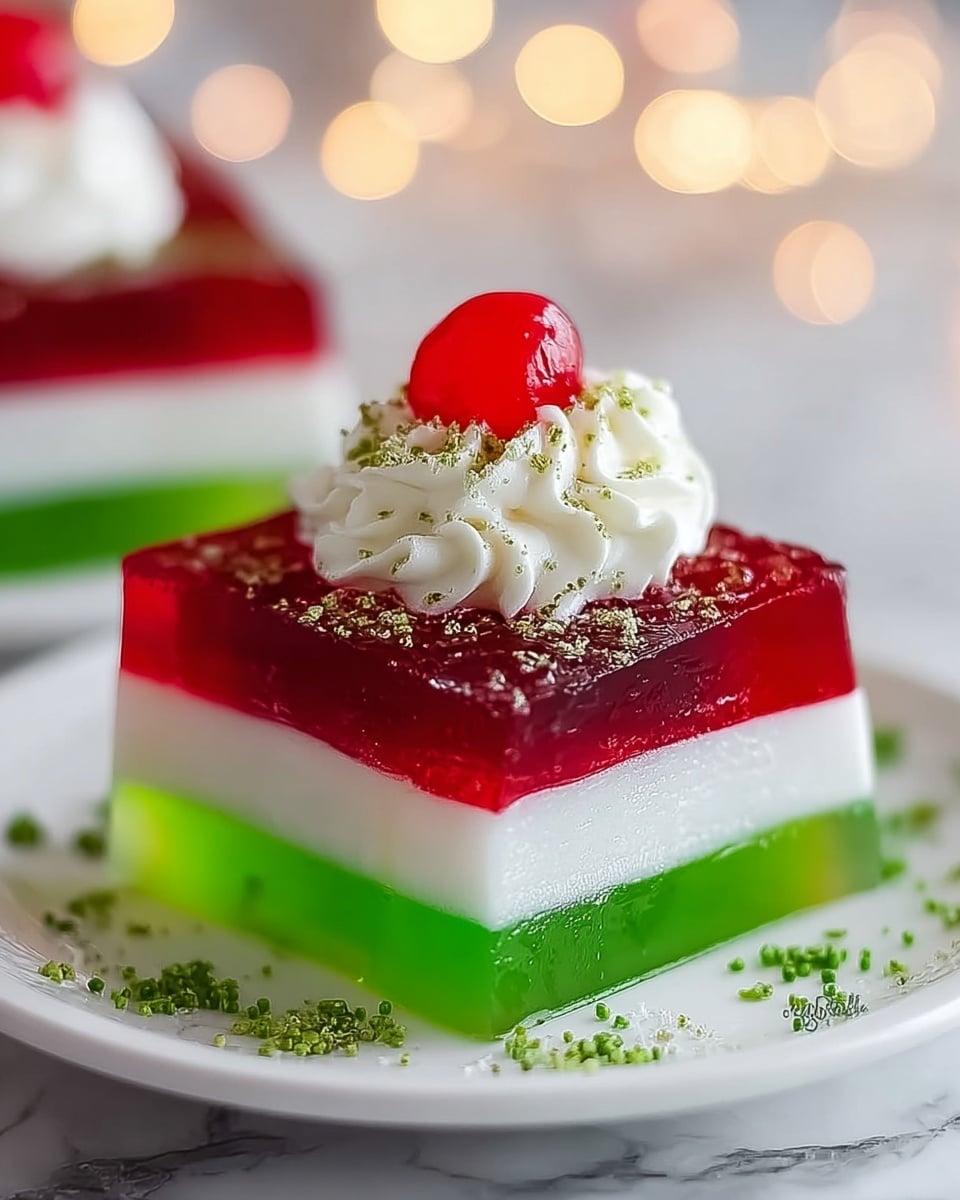 The image shows a three-layered square jelly dessert on a white plate with green sprinkles scattered lightly around. The bottom layer is a bright green jelly, smooth and translucent. Above it is a white creamy layer, thick and opaque, sitting evenly on the green base. The top layer is a deep red jelly, also firm and glossy, covering the entire surface. On top of the red jelly, there is a swirl of white whipped cream with a bright red cherry placed in the center. The dessert is placed on a white marbled surface with soft bokeh lights in the background. photo taken with an iphone --ar 4:5 --v 7
