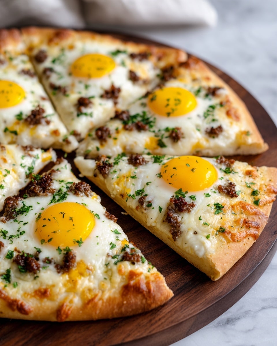 A rectangular flaky puff pastry tart has a thick golden brown crust edge with visible layers. The base layer consists of melted white cheese spread evenly, topped with small pieces of crispy reddish-brown bacon. Three sunny-side-up eggs with bright yellow yolks and slightly glossy whites are positioned in a row across the tart, each sprinkled with black pepper and small green herb bits. The tart is cut into three squares, one slightly separated from the others. It rests on parchment paper placed on a white marbled surface. photo taken with an iphone --ar 4:5 --v 7