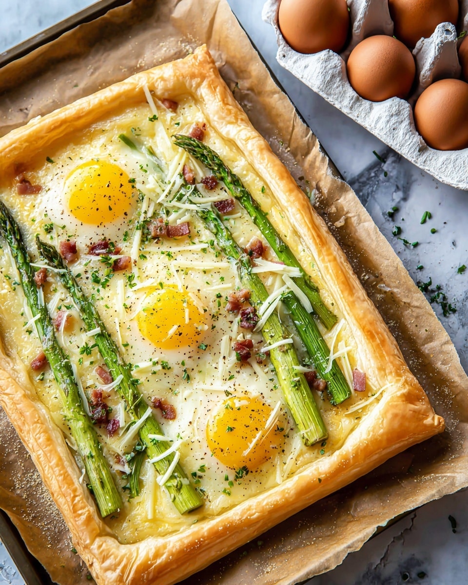 A square puff pastry base forms the bottom layer, golden and flaky with slightly raised edges. On top is a creamy, light yellow sauce spread evenly. Three bright yellow egg yolks sit spaced apart on this surface, glossy and sprinkled with black pepper. Scattered around the yolks are bright green asparagus tips and stalks, adding freshness and a crunchy texture. Thin white cheese shreds are spread across the top, melting slightly. Small pieces of crispy brown bacon are also scattered, and the whole dish is lightly sprinkled with finely chopped green herbs. The puff pastry sits on light brown parchment paper on a baking tray with a few brown eggs in a white carton in the background. The surface below has a white marbled texture. photo taken with an iphone --ar 4:5 --v 7