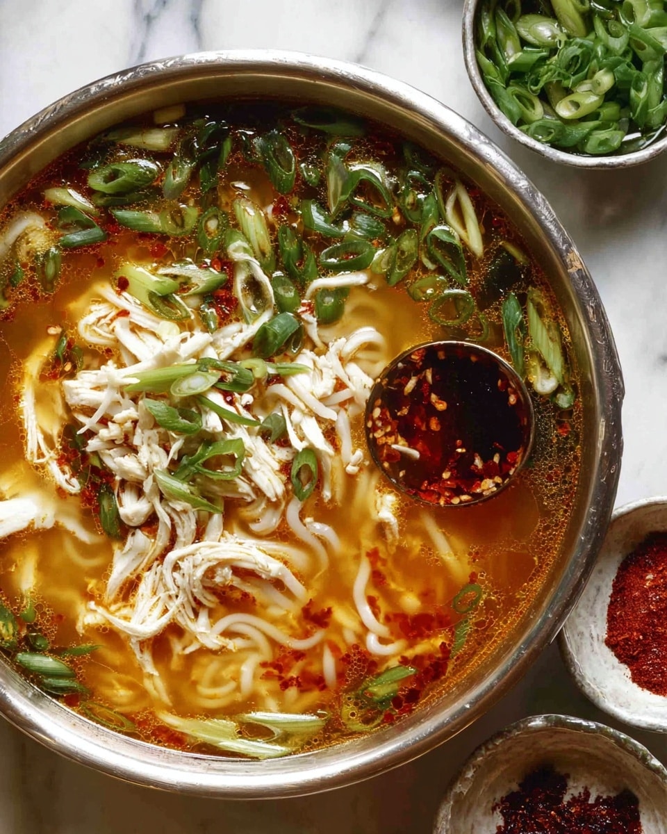 A close-up view of a bowl of soup with three main layers: the bottom layer is a clear orange-brown broth with a smooth texture, the middle layer consists of white shredded chicken pieces spread around, and the top layer shows white noodles tangled in the center and scattered chopped green onions all around. There are also small dark red chili flakes floating on the surface, and a metal spoon scooping broth and noodles from the right side. The bowl is silver and round, placed on a white marbled surface with small white bowls of red chili powders nearby. Photo taken with an iphone --ar 4:5 --v 7
